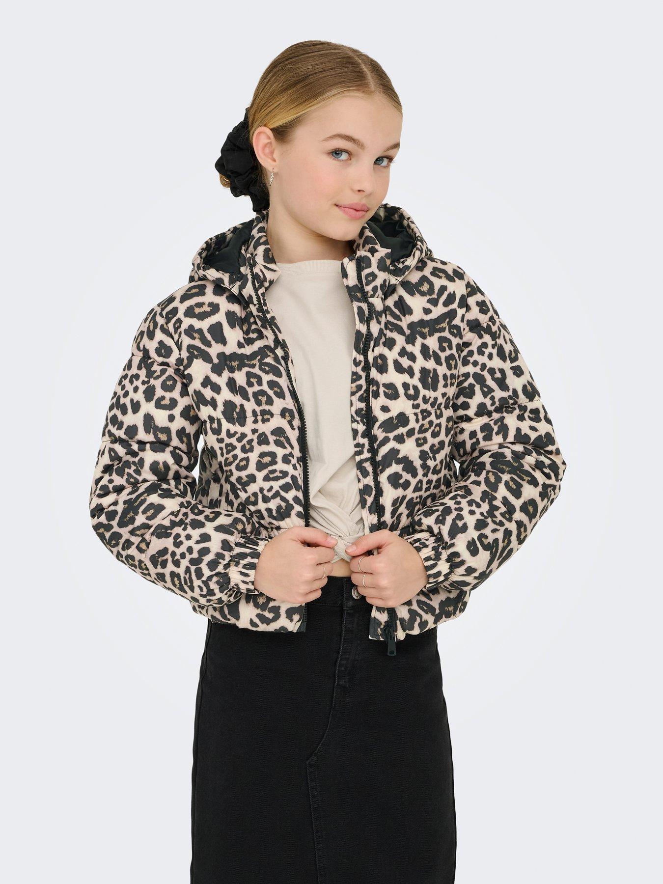 Only Kids Girls Leopard Print Padded Jacket, Beige, Size 14 Years