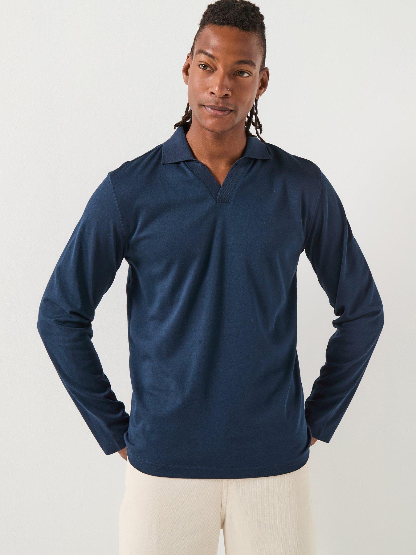Image 1 of 6 of Selected Fave Split Neck Long Sleeve Polo Shirt - Navy