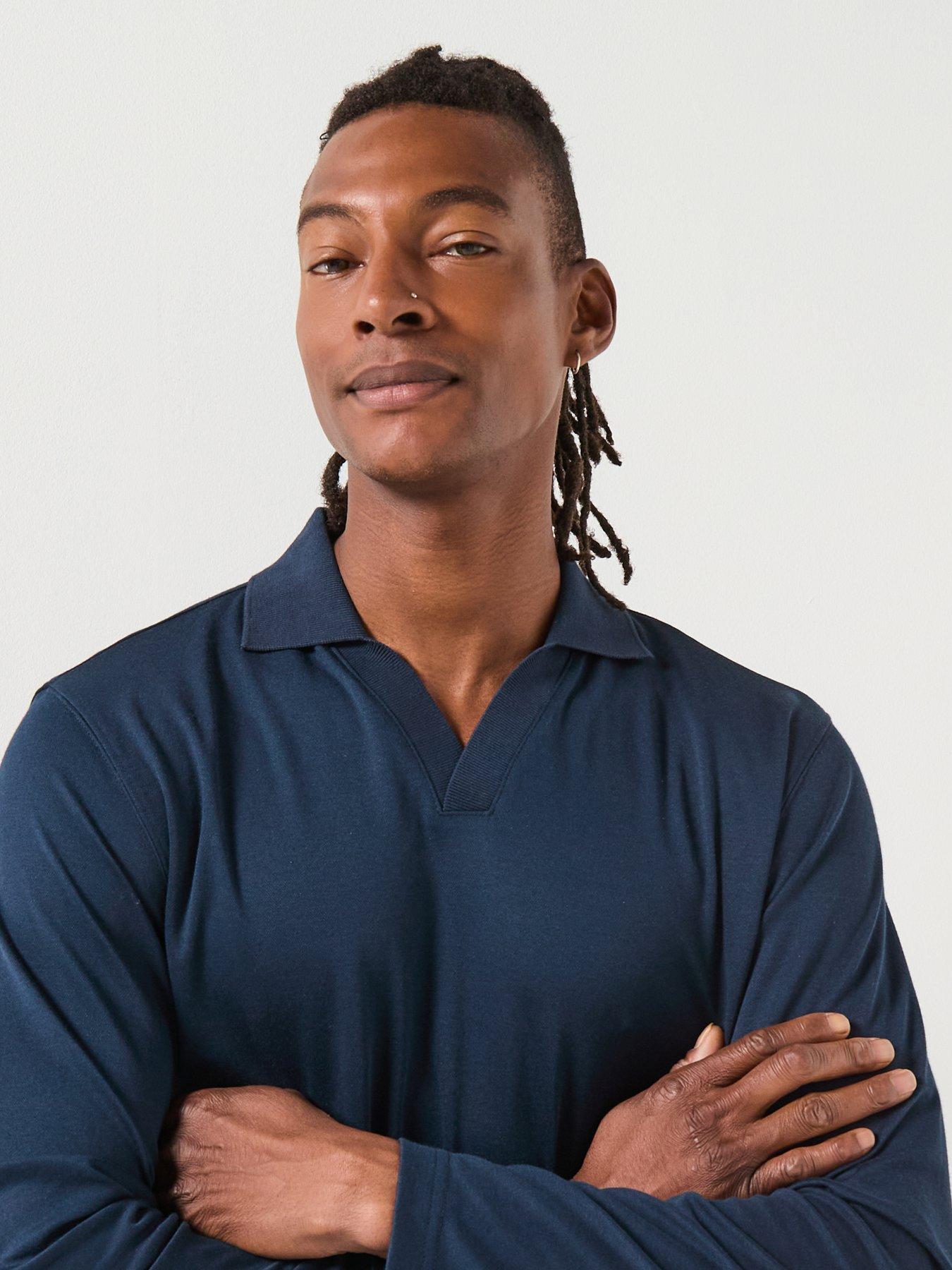 Image 5 of 6 of Selected Fave Split Neck Long Sleeve Polo Shirt - Navy