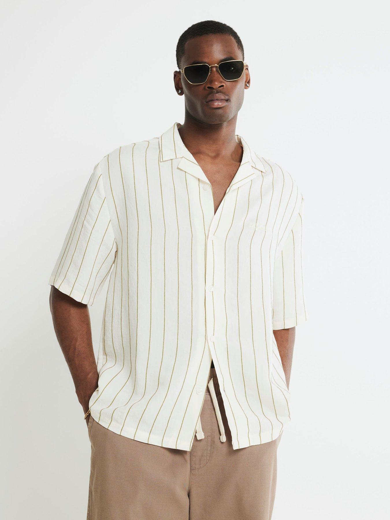 undefined Boxy Fit Stripe Revere Shirt - Beige