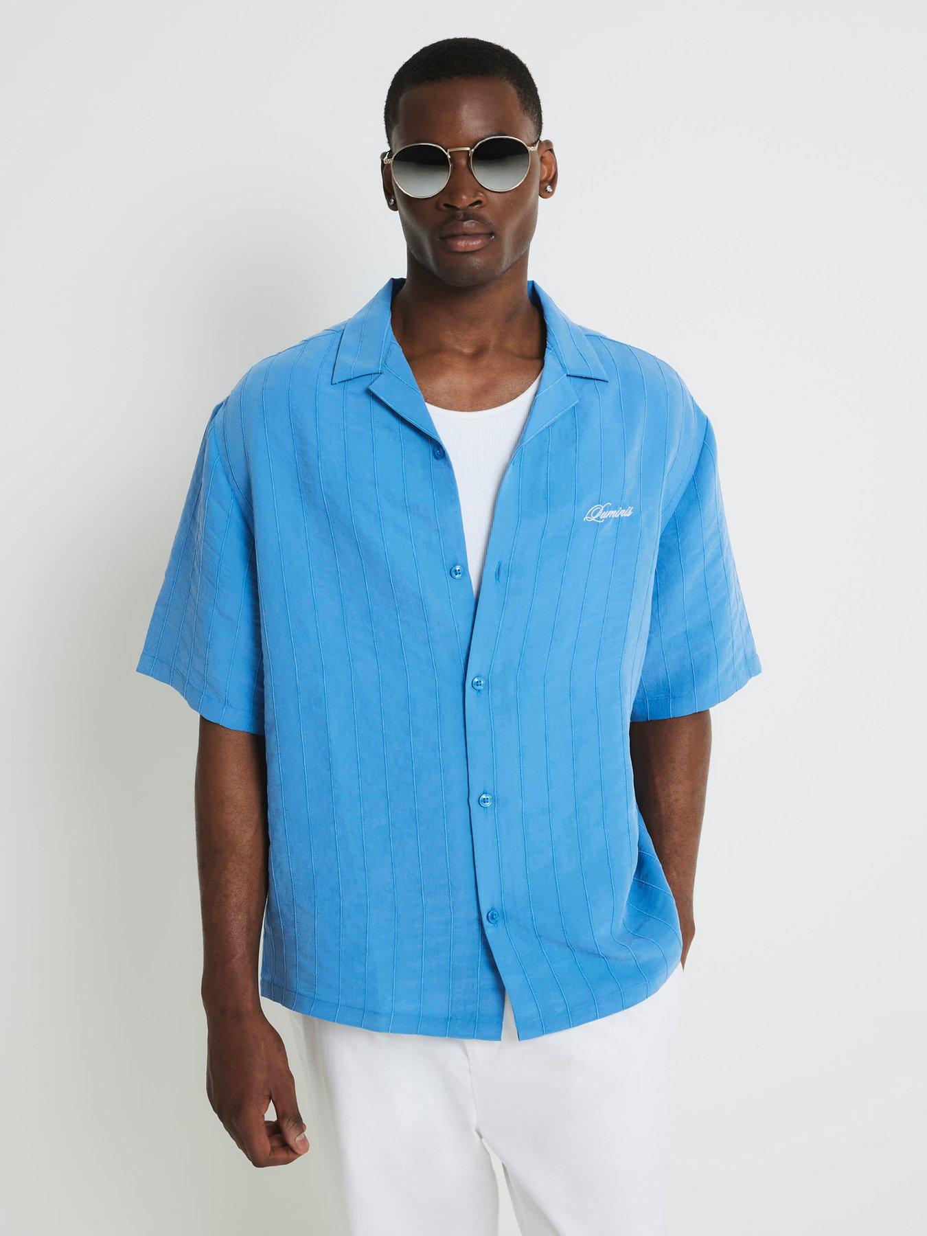 undefined Boxy Fit Stripe Revere Shirt - Blue