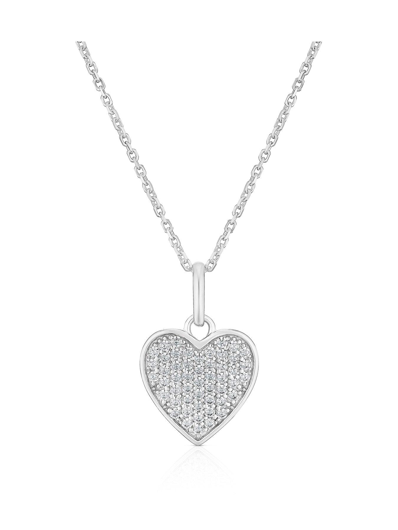 undefined Sterling Silver Necklace. Cubic Zirconia Pavé Heart Pendant 16+2 Inch Necklace