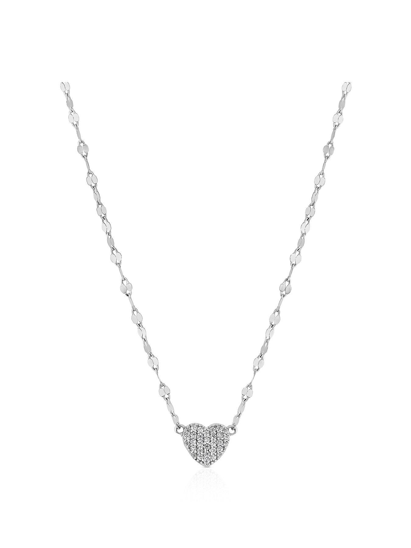 undefined Sterling Silver Necklace. Cubic Zirconia Heart Sparkle Chain 16.5+1 Inch Necklace