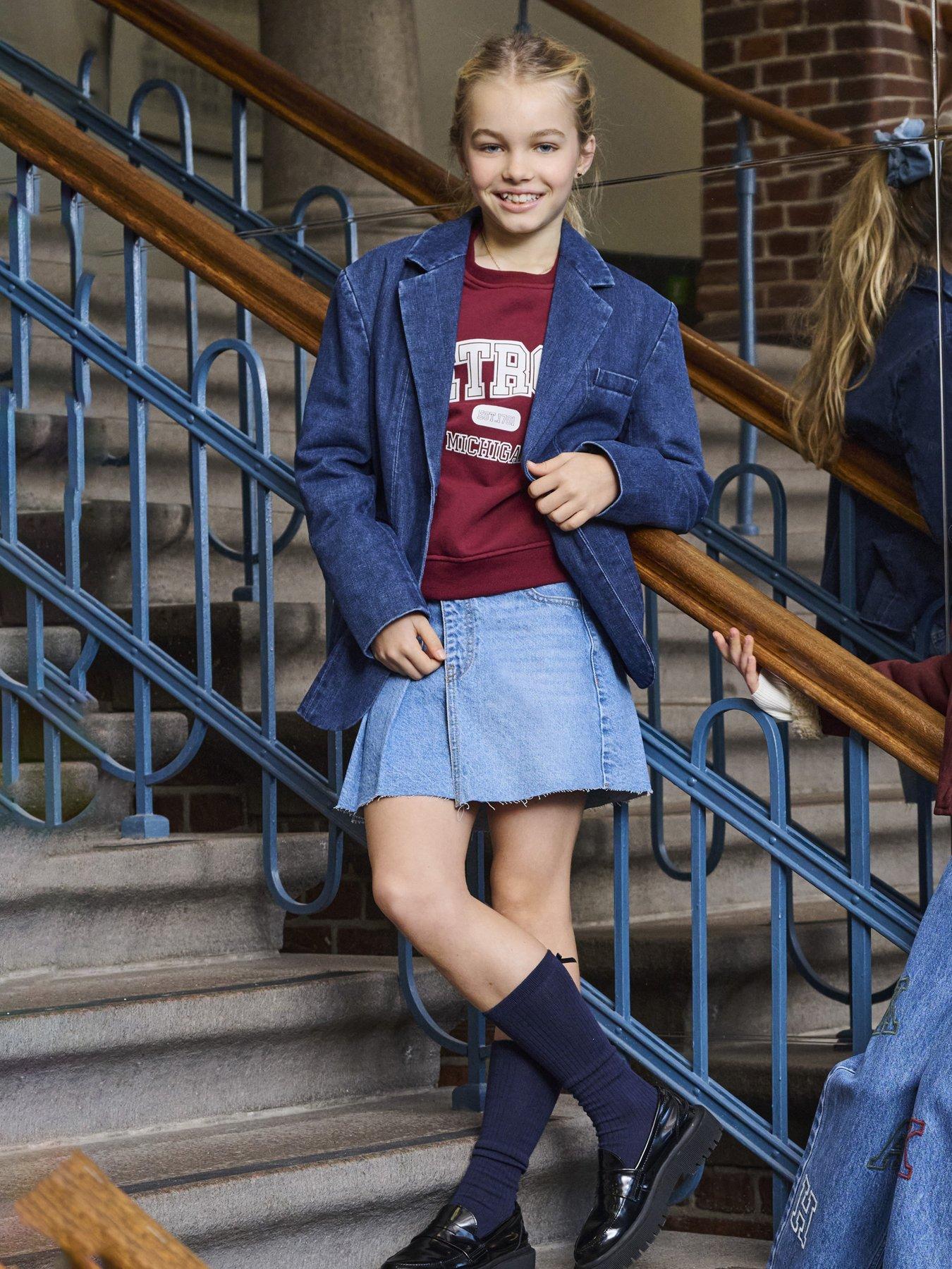 Image 1 of 4 of Only Kids Girls Pleated Denim Skort - Blue