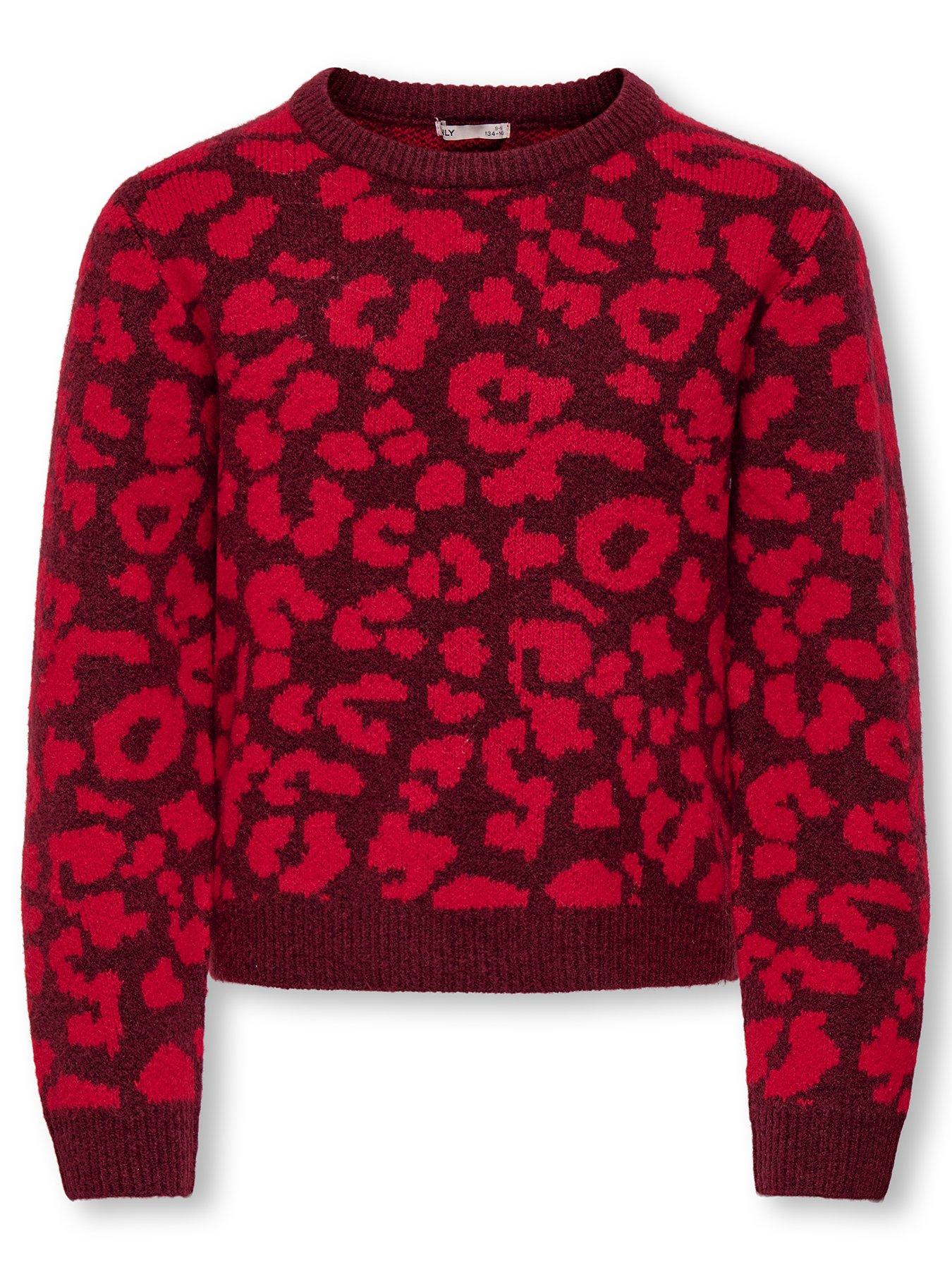 Only Kids Girls Leopard Knitted Jumper - Red