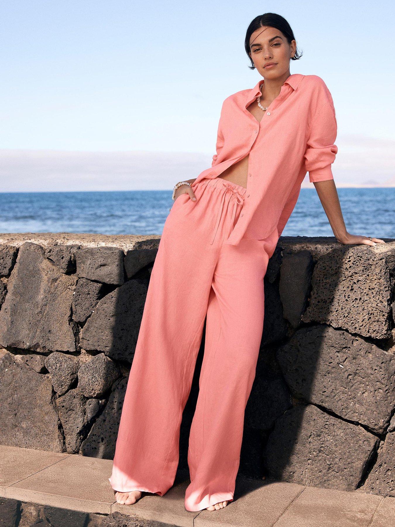 undefined Pink Linen Wide Leg Trousers
