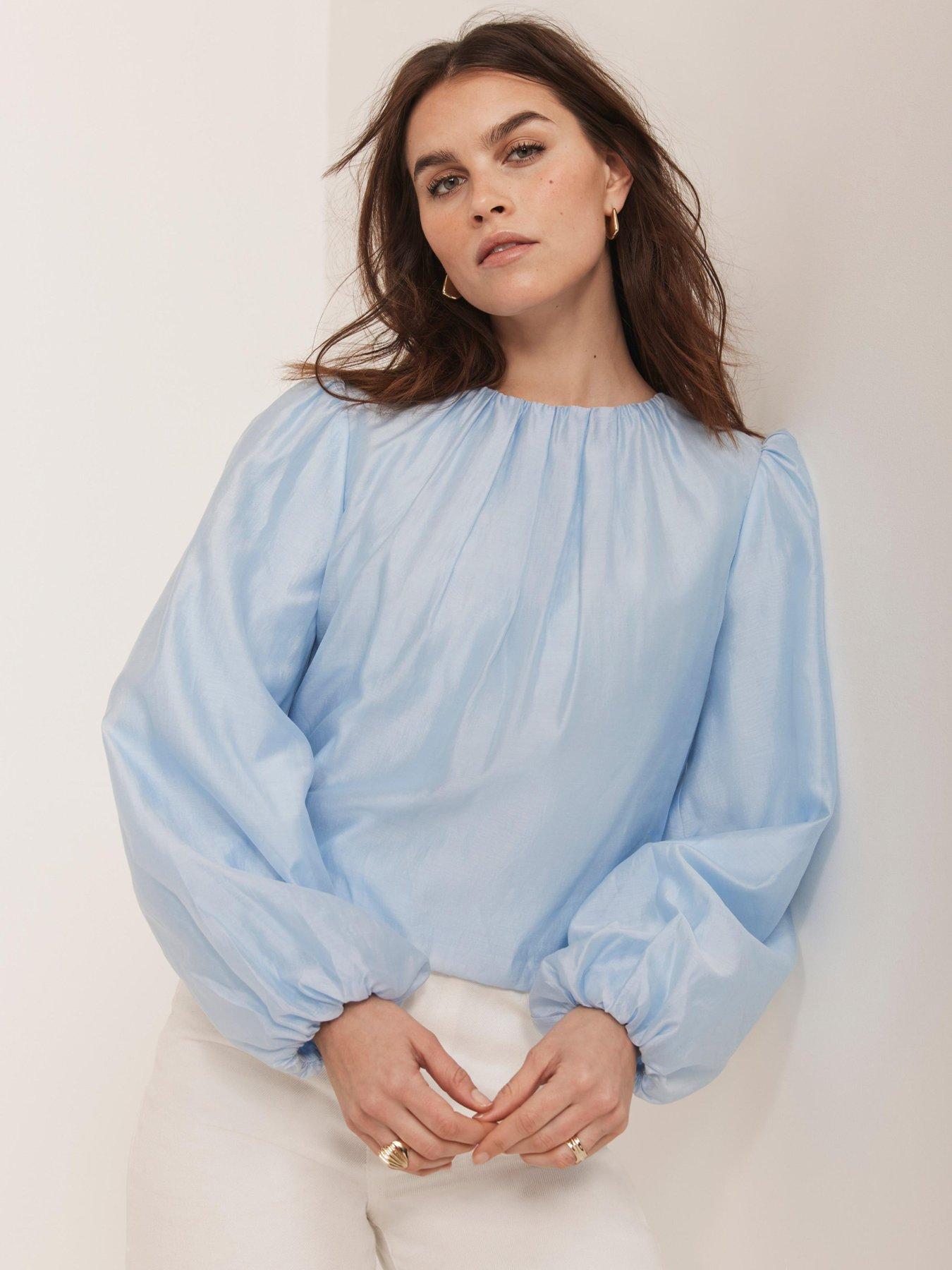 undefined Sheer Puff Sleeve Top - Blue