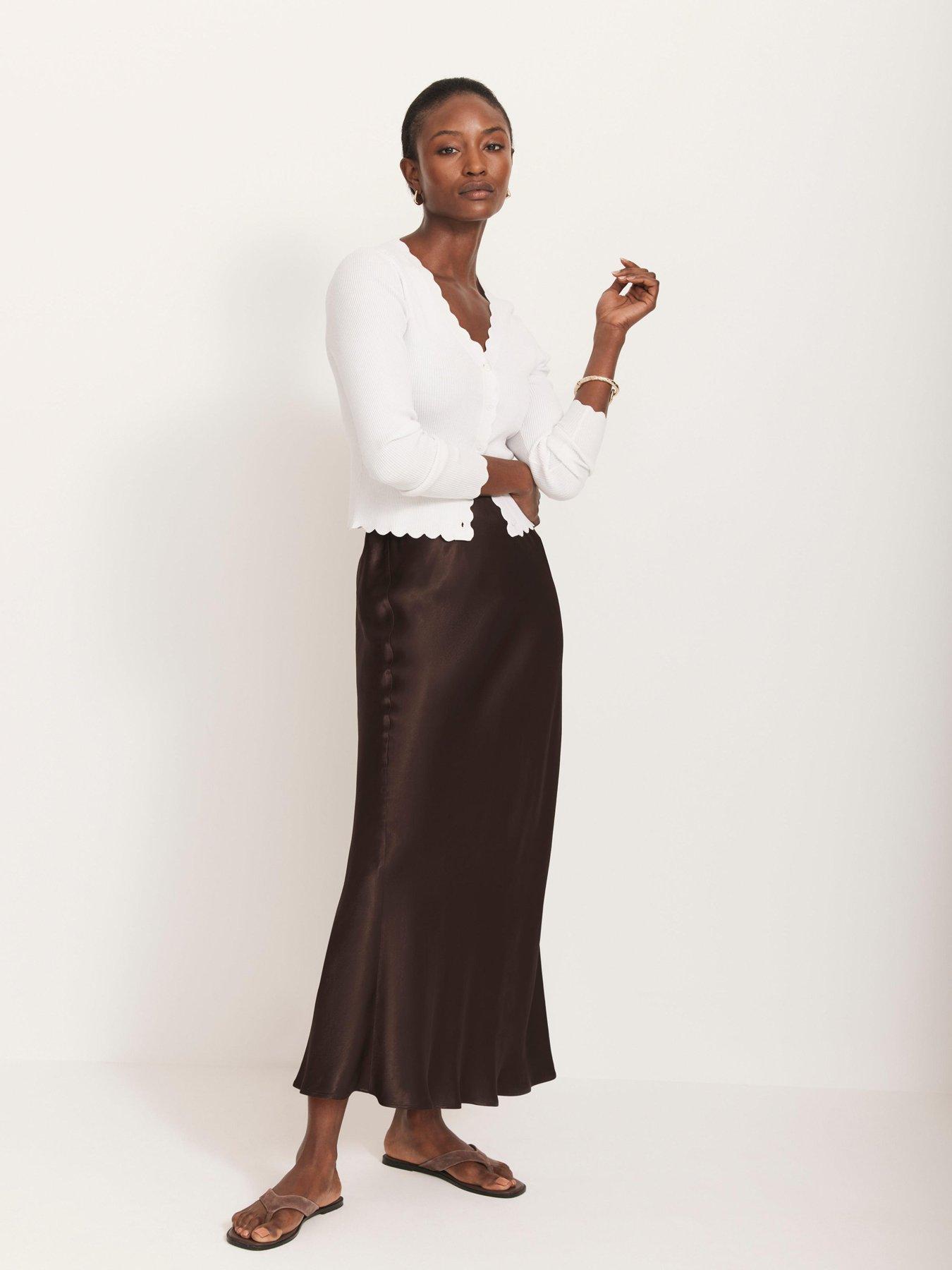 undefined Satin Slip Midi Skirt - Brown