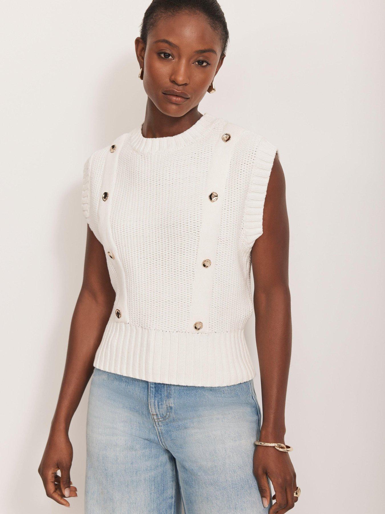 undefined Ivory Cotton Button Sleeveless Jumper - White