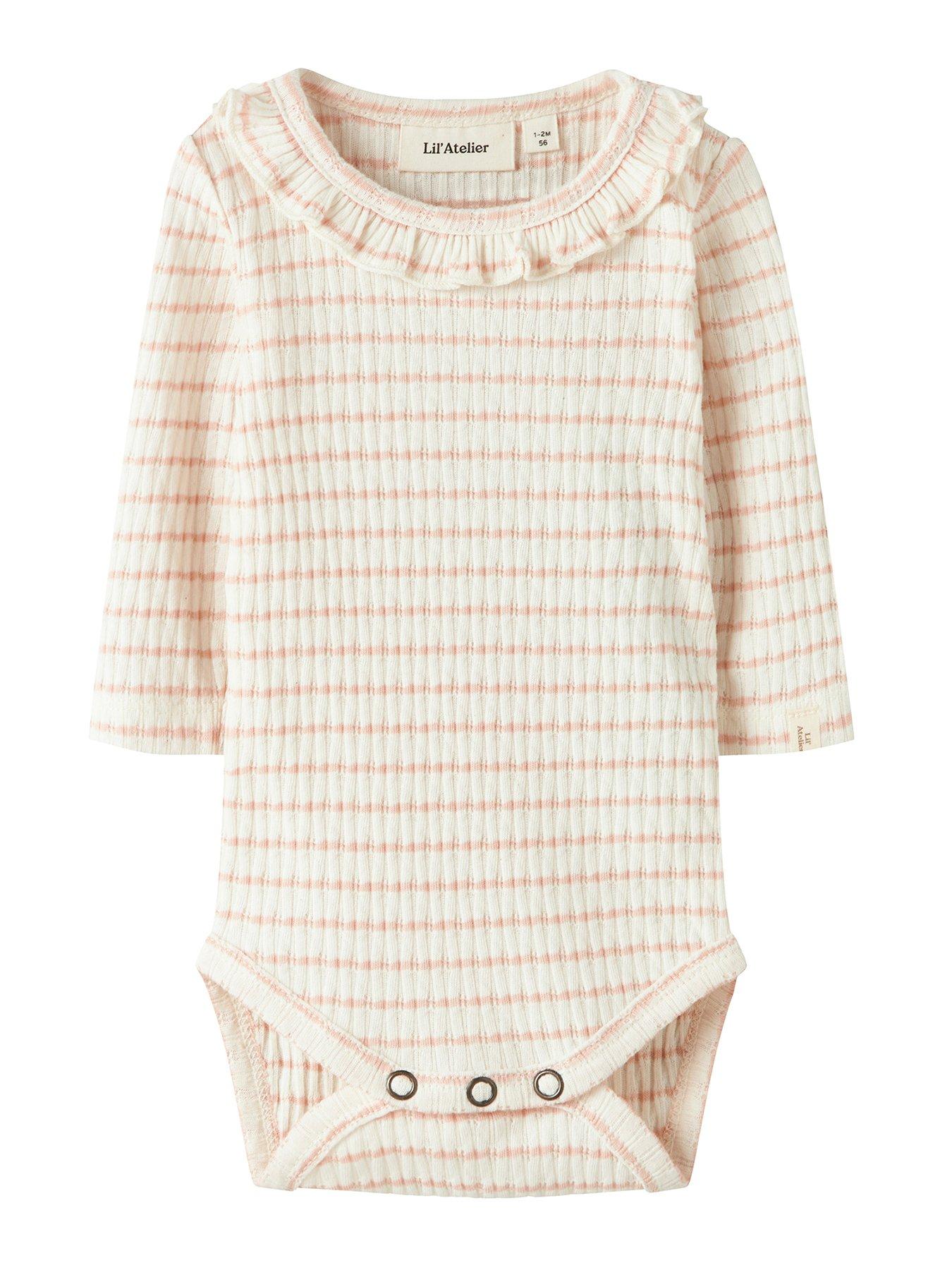 Lil Atelier Baby Girls Frill Striped Long Sleeve Bodysuit - Light Pink