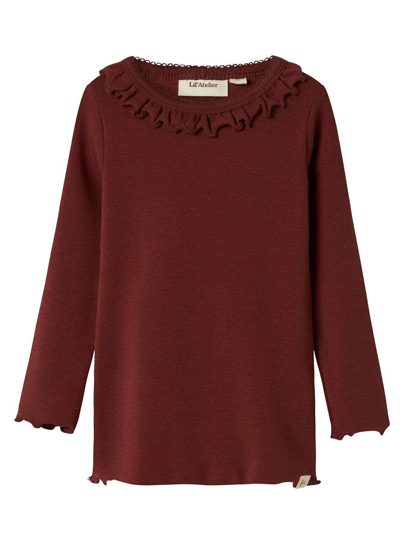 Lil Atelier Mini Girls Frill Long Sleeve Tshirt - Dark Red