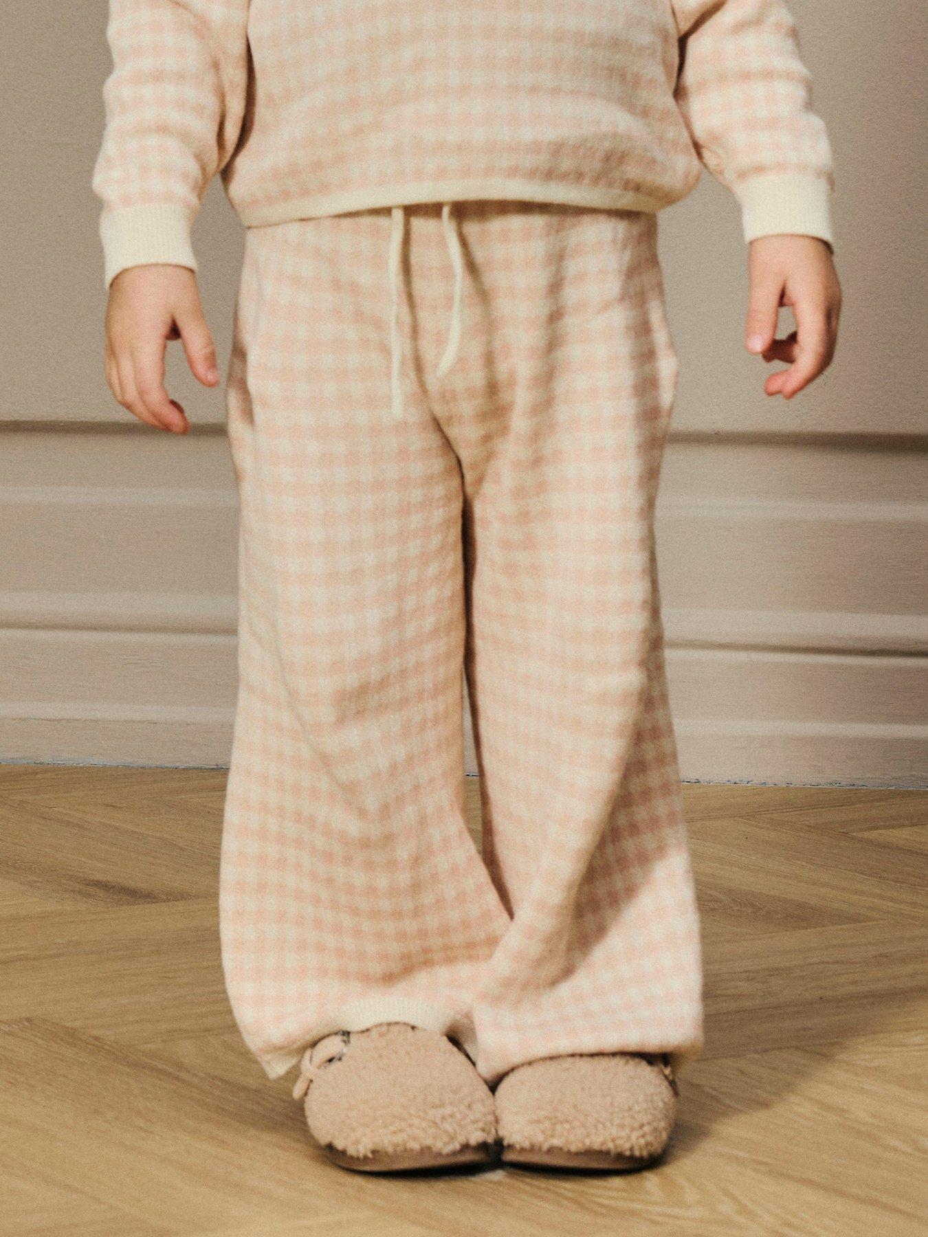 Image 1 of 5 of Lil Atelier Mini Girls Gingham Knitted Co-Ord Trousers - Light Pink
