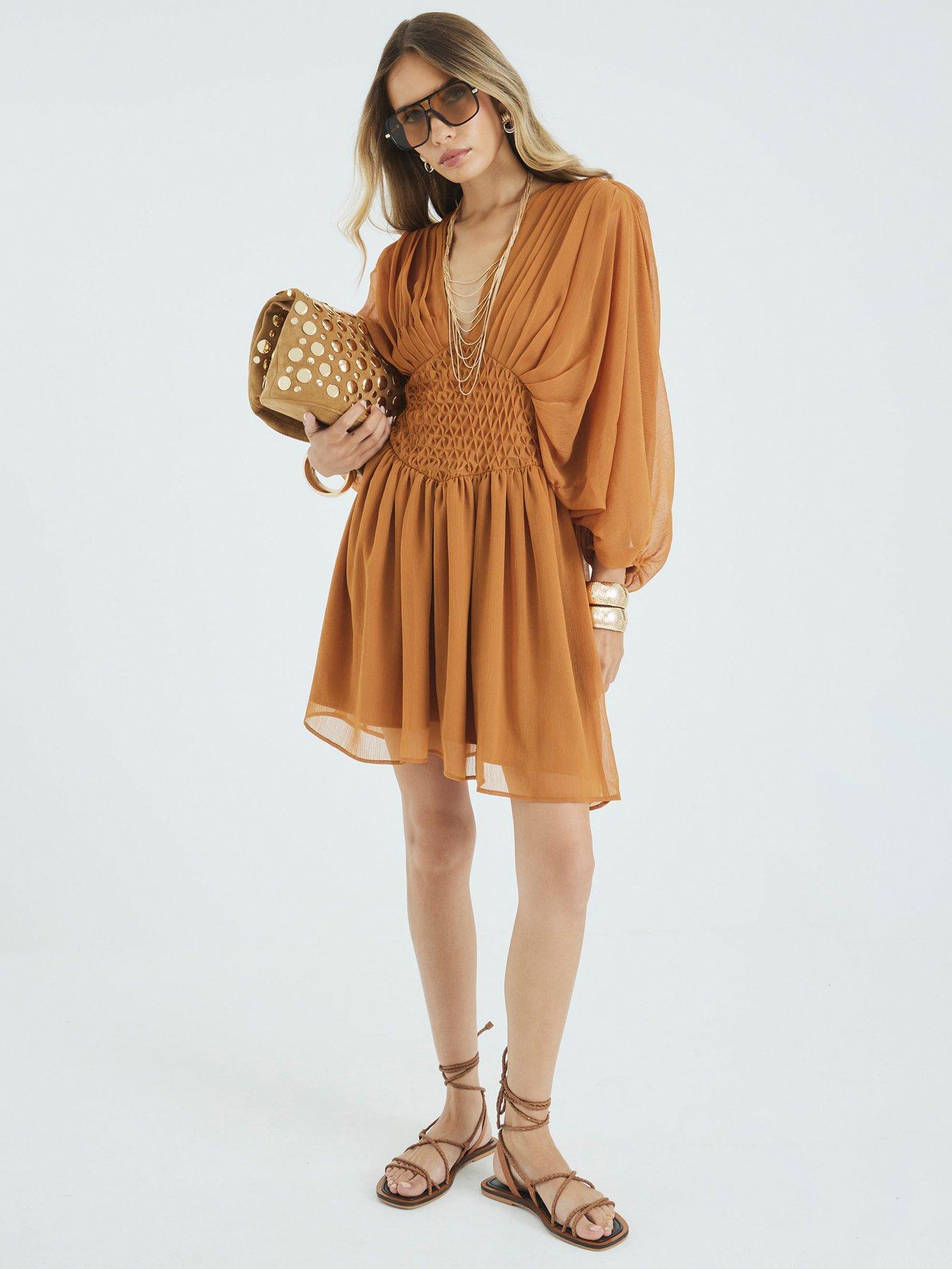 undefined Long Sleeve V-Neck Mini Dress - Yellow