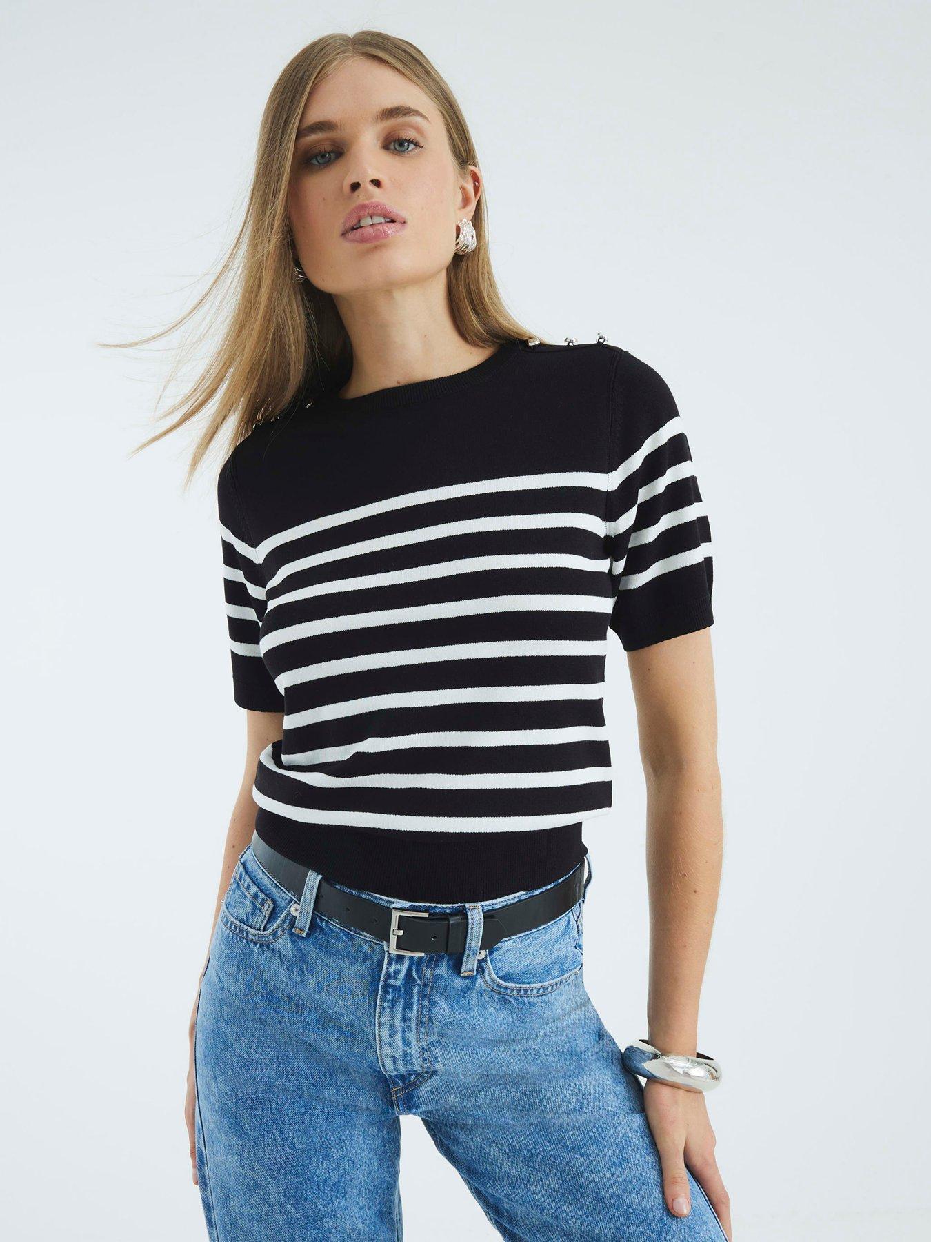 undefined Crew Neck Stripe Knitted Tee - Black