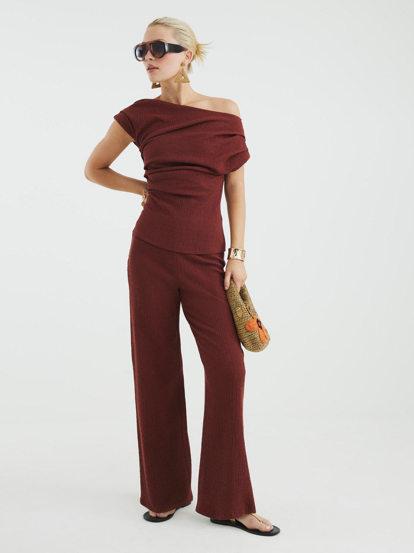 Image 3 of 4 of River Island Short Sleeve Drape Textured Top - Brown