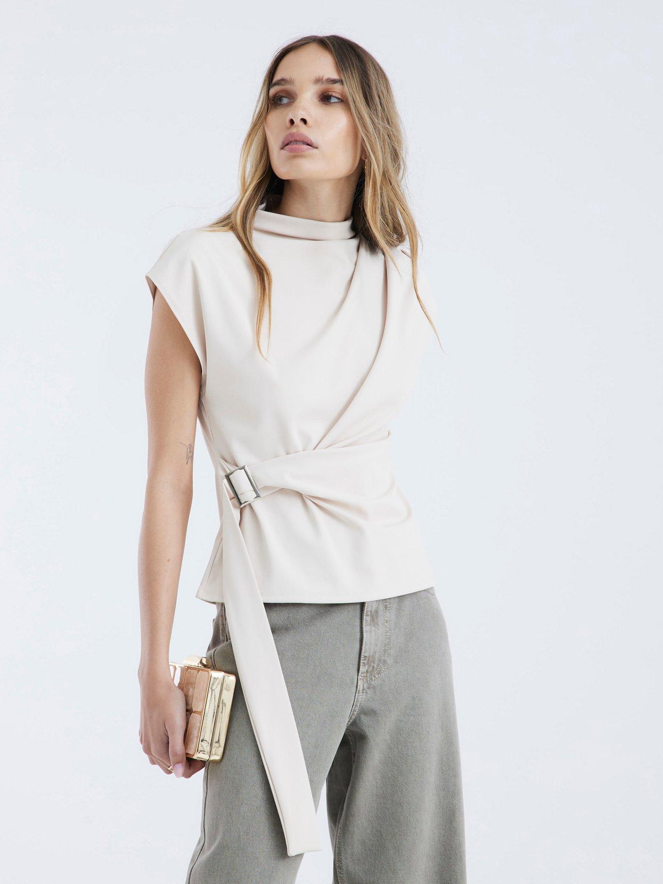 undefined Belted Wrap Drape Top - Cream