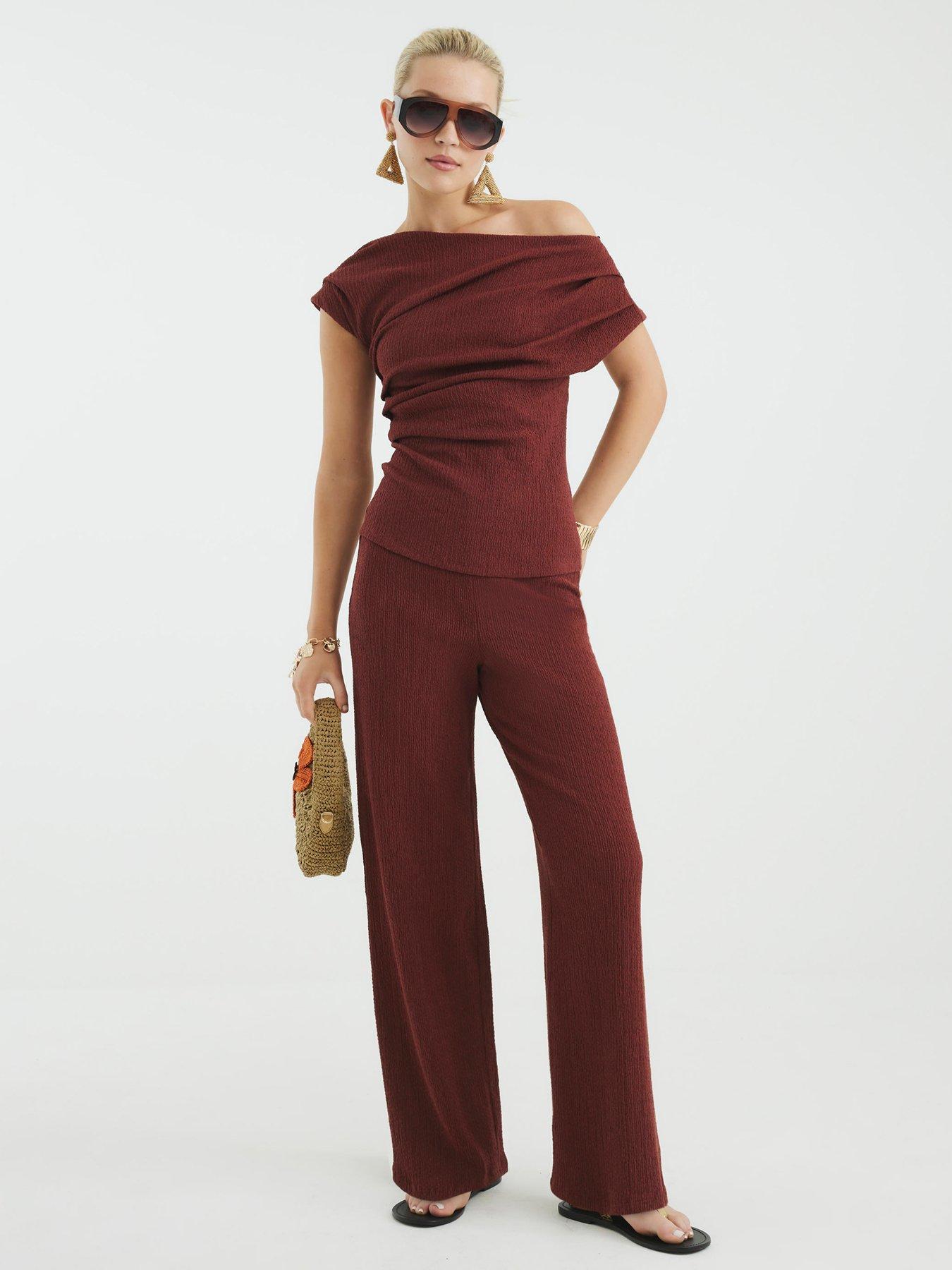 River Island Textured Wide Leg Trousers - Brown