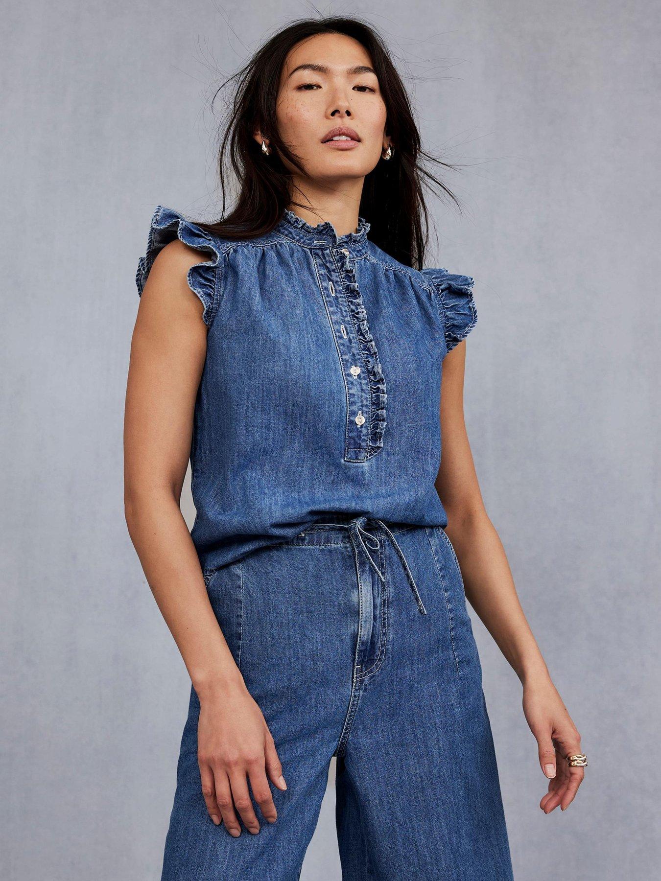 undefined Indigo Denim S/s Ruffle Blouse