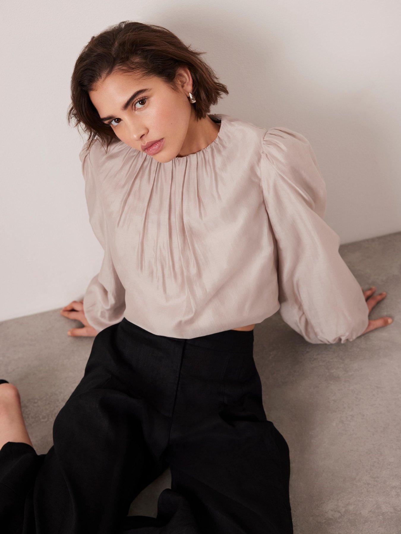 undefined Neutral Sheer Puff Sleeve Top