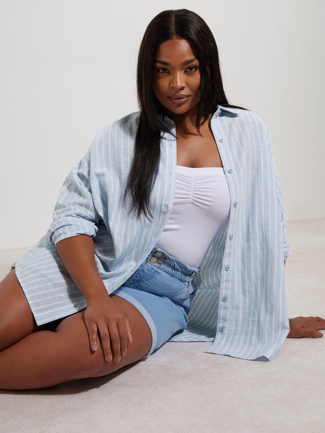 undefined Curve Long Sleeve Linen Shirt - Blue