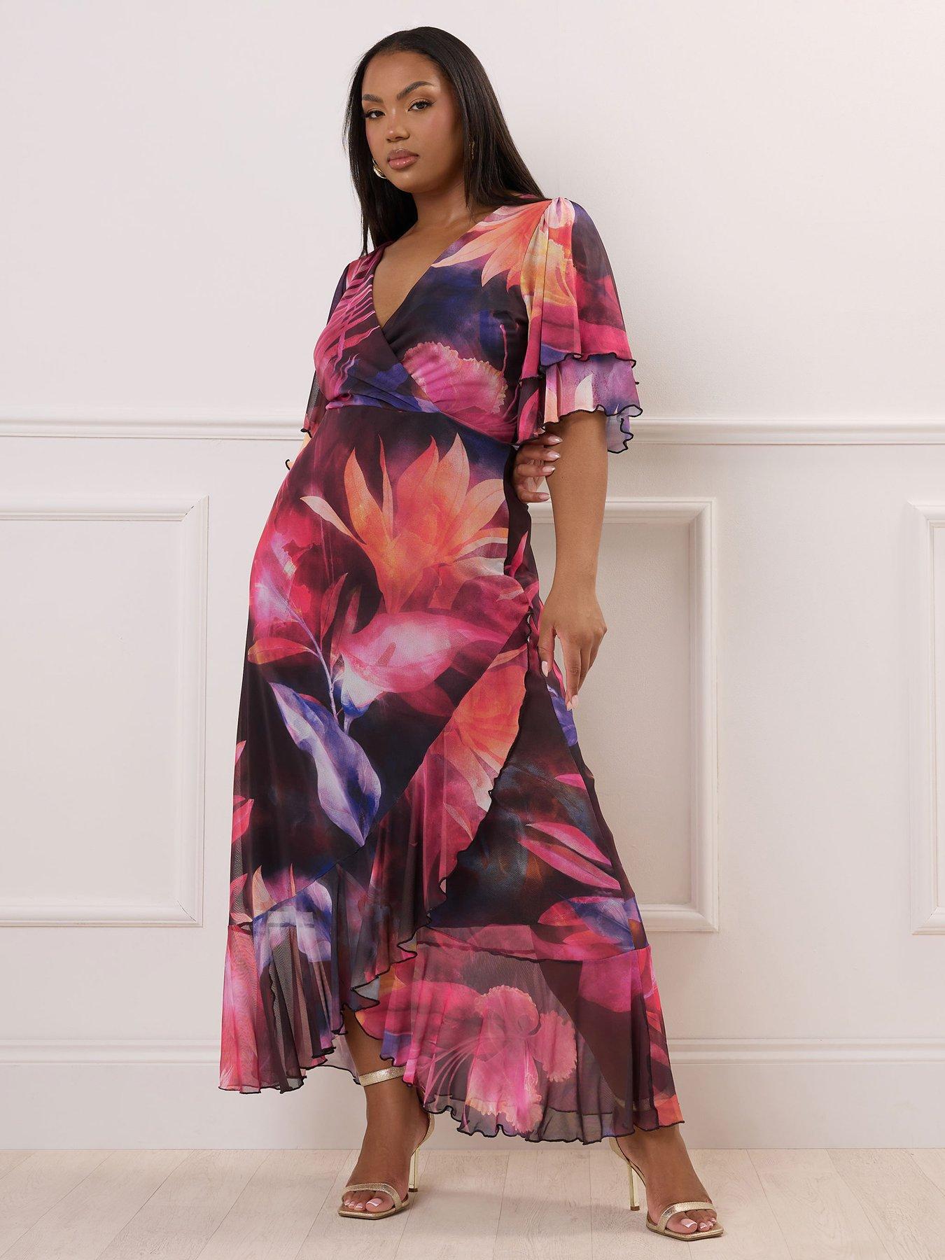 undefined Curve Wrap Ruffle Mesh Dress - Black