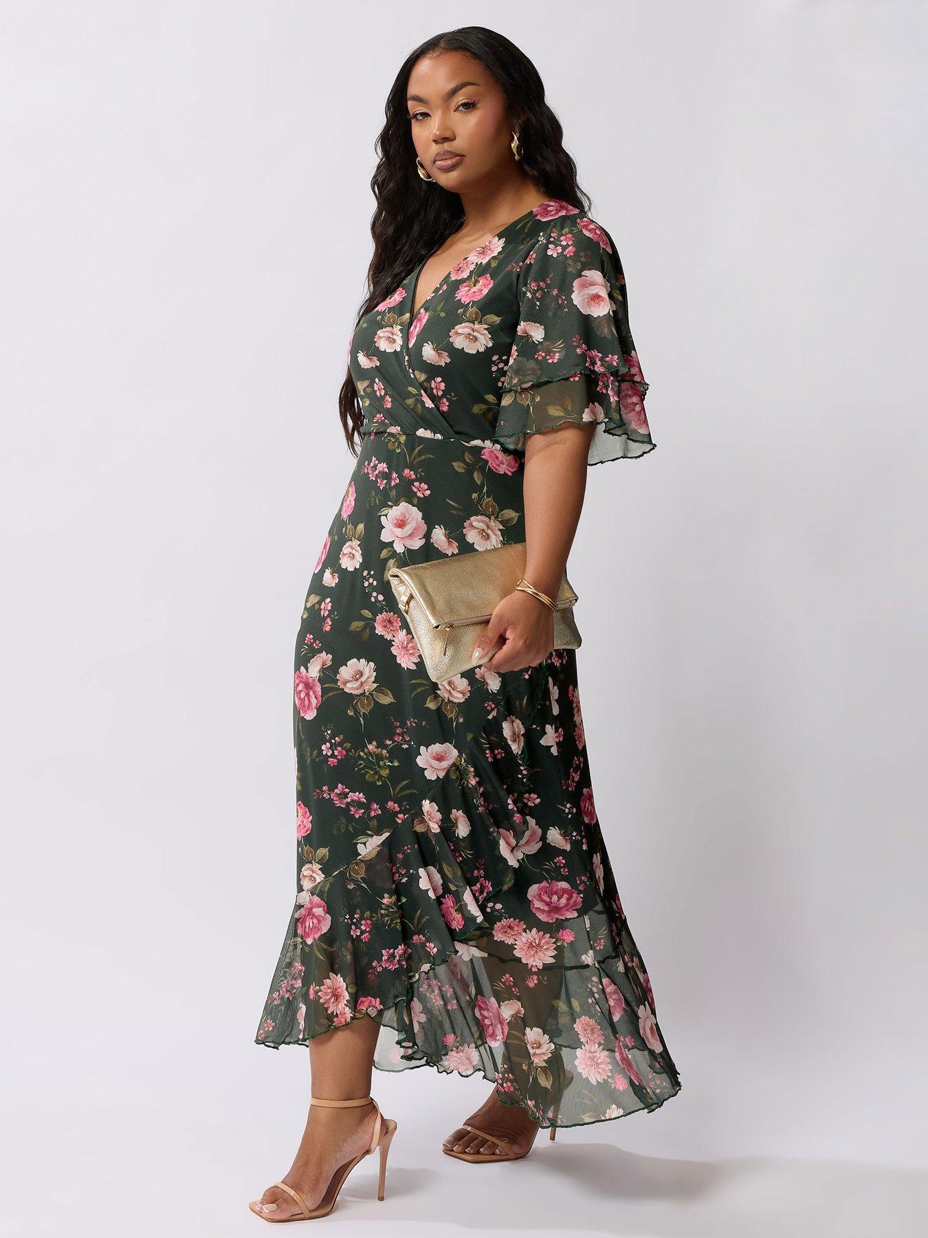 undefined Curve Wrap Ruffle Mesh Dress - Green