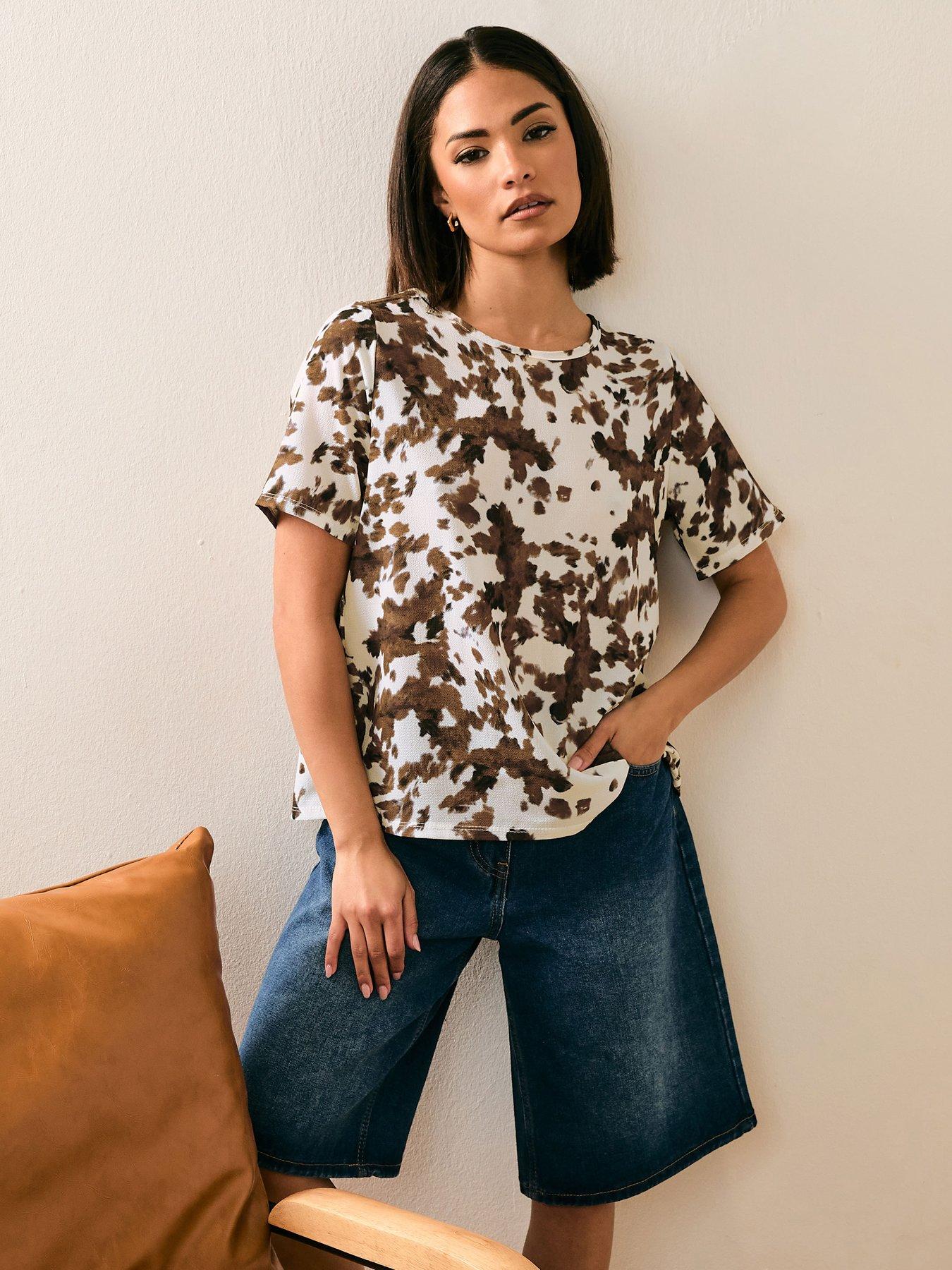 undefined Petite Tie Back Cow Print Top - Brown