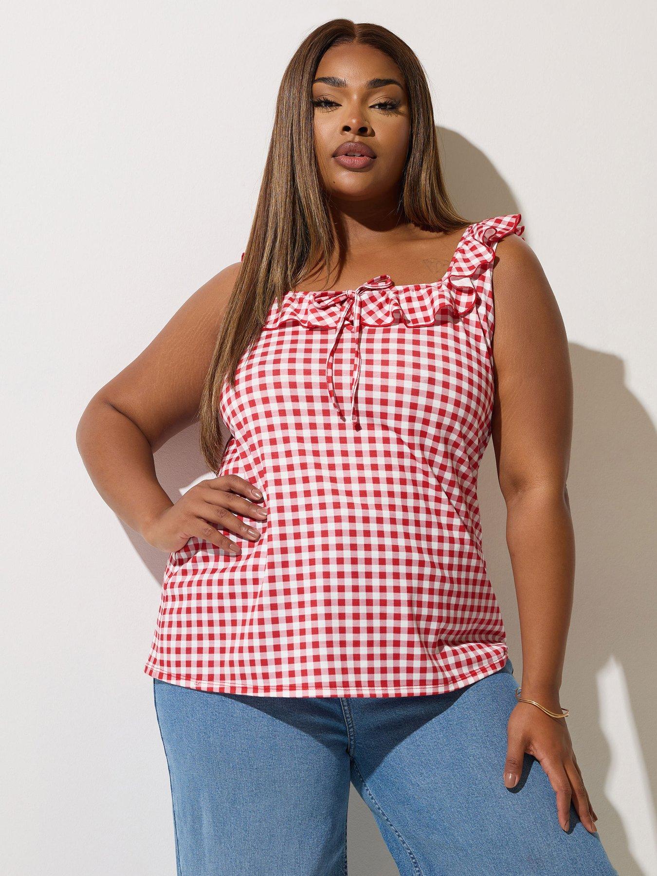 undefined Curve Frill Gingham Top - Red