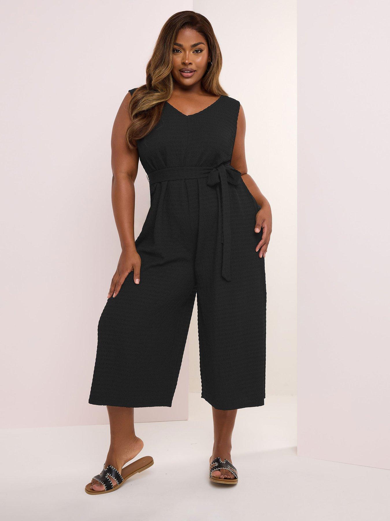 undefined Curve Tie Waist Textured Jumpsuit - Black