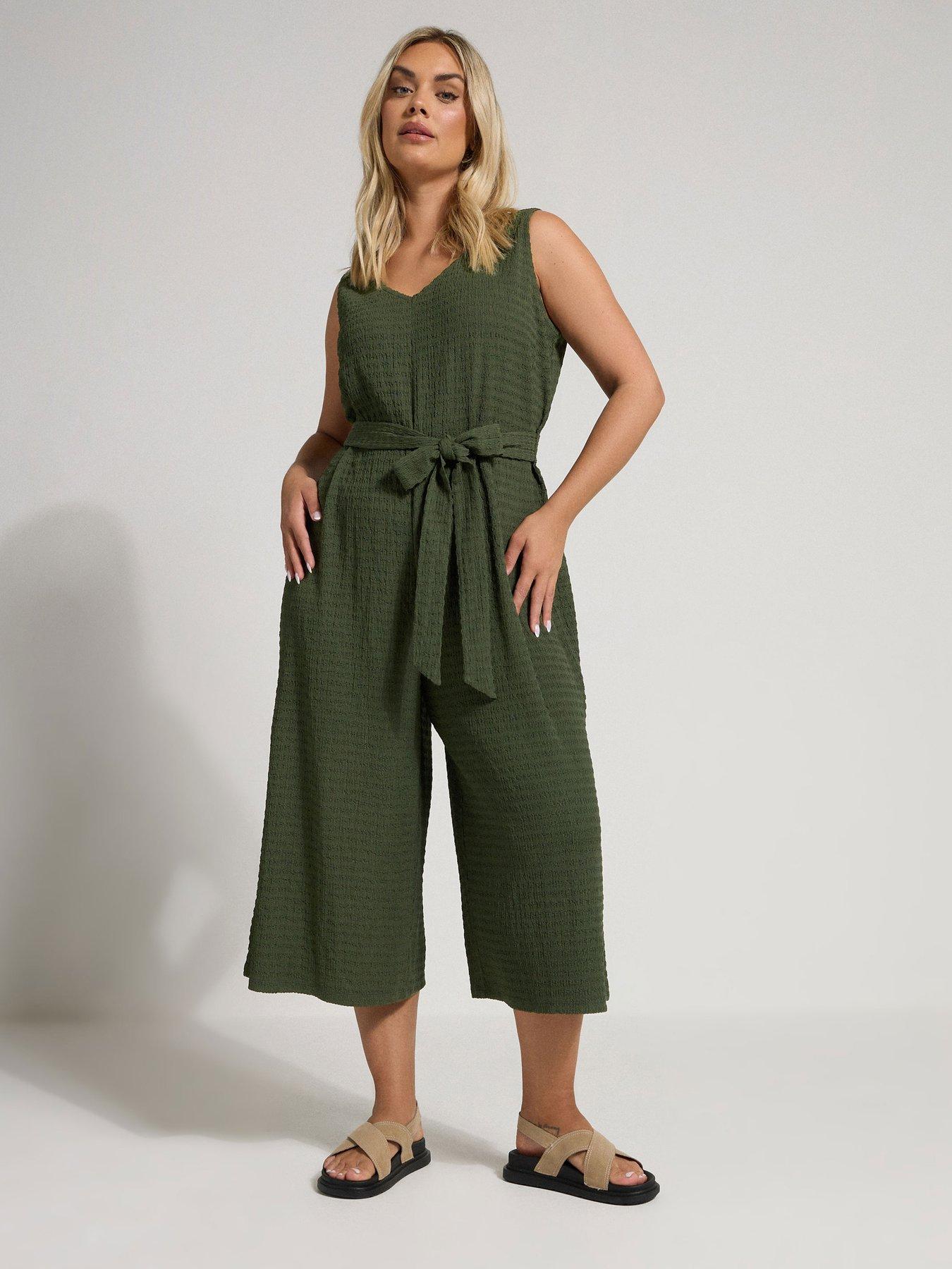 undefined Curve Tie Waist Textured Jumpsuit - Green