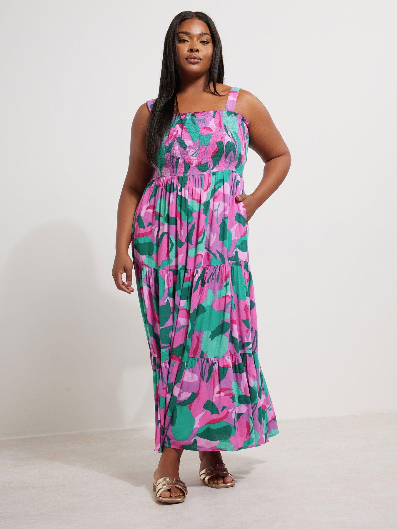 undefined Curve Shirred Strappy Maxi Dress - Pink