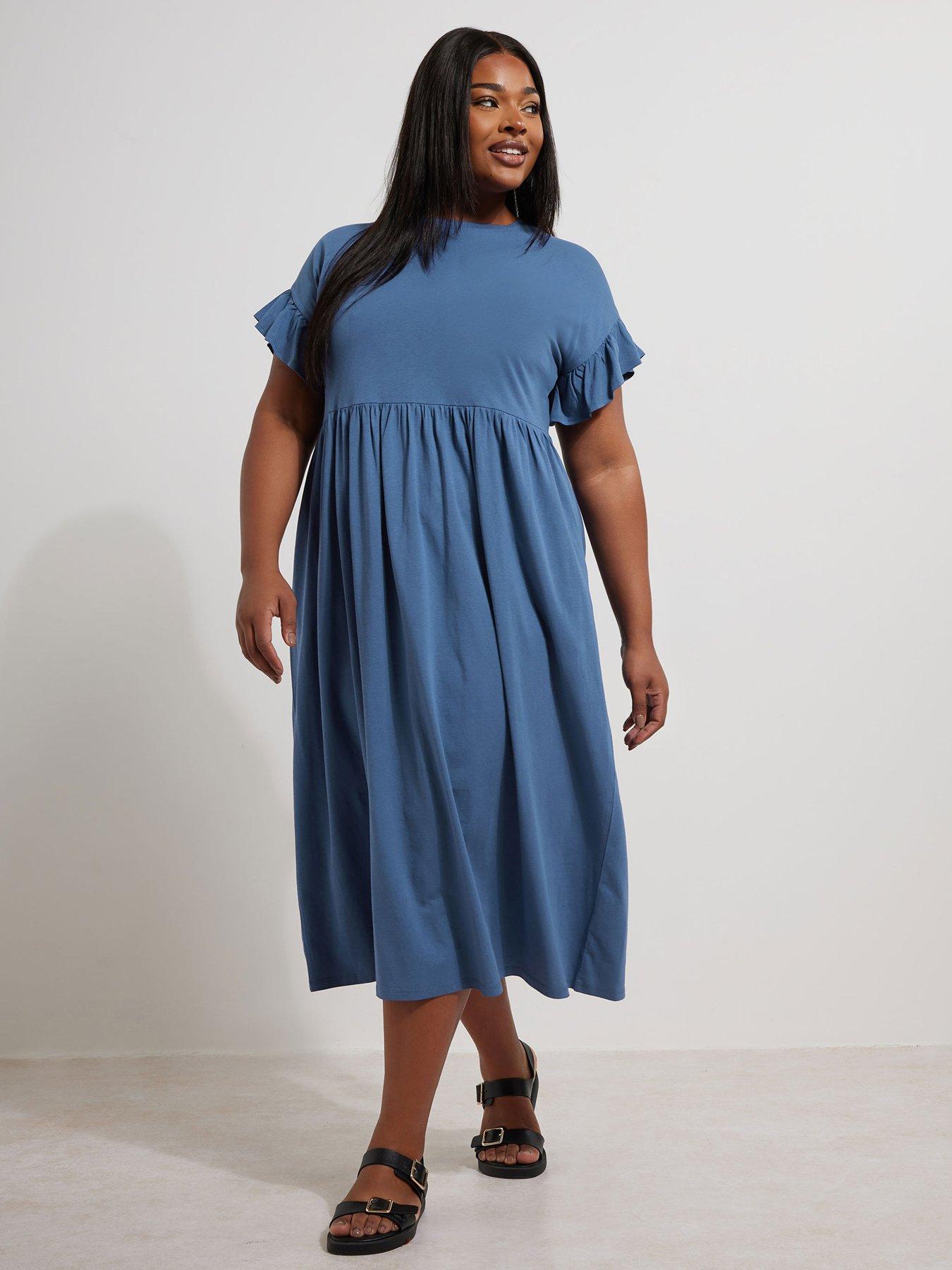 undefined Curve Frill Cotton Midaxi Dress - Blue