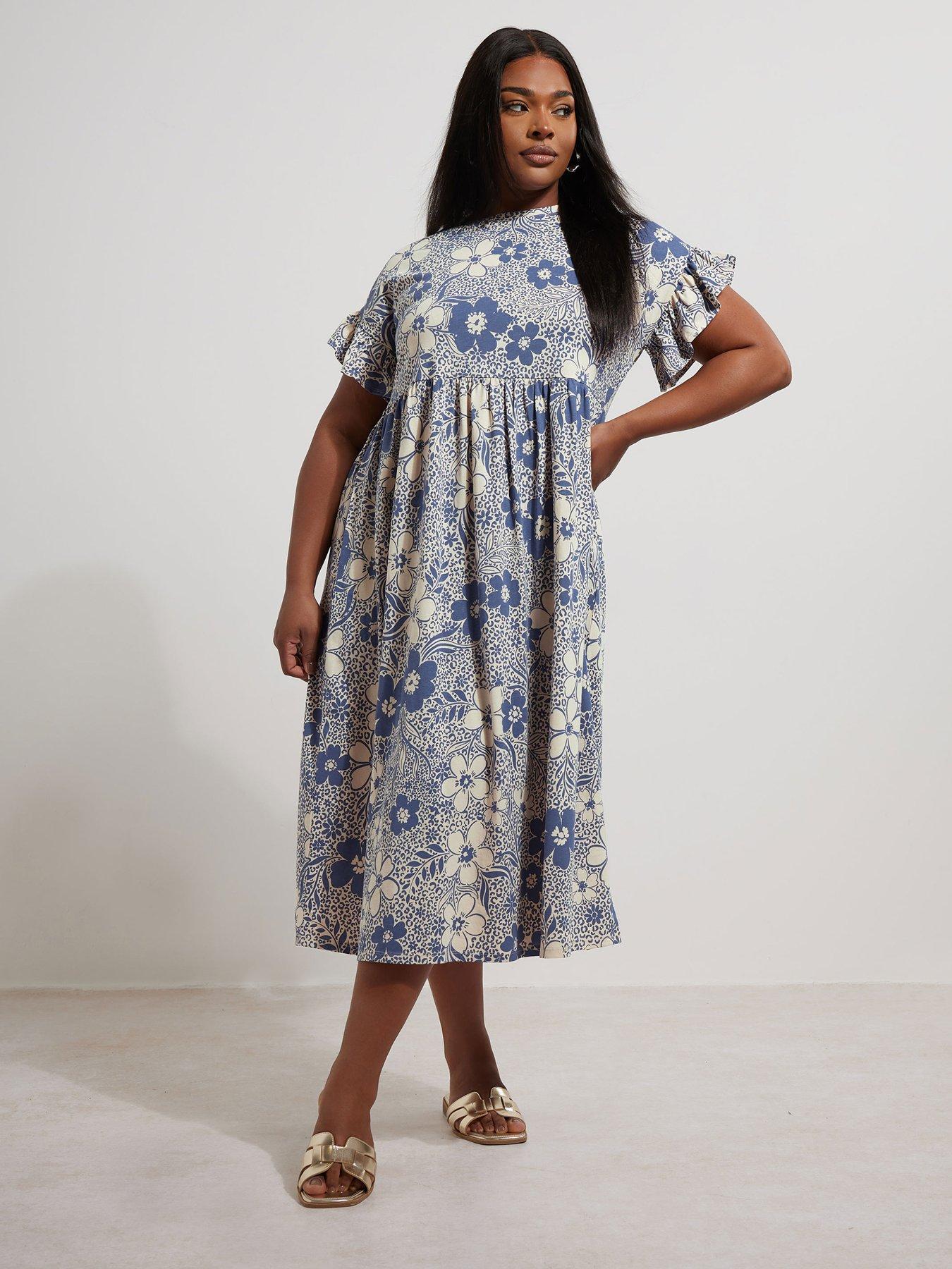 undefined Curve Frill Cotton Midaxi Dress - Blue