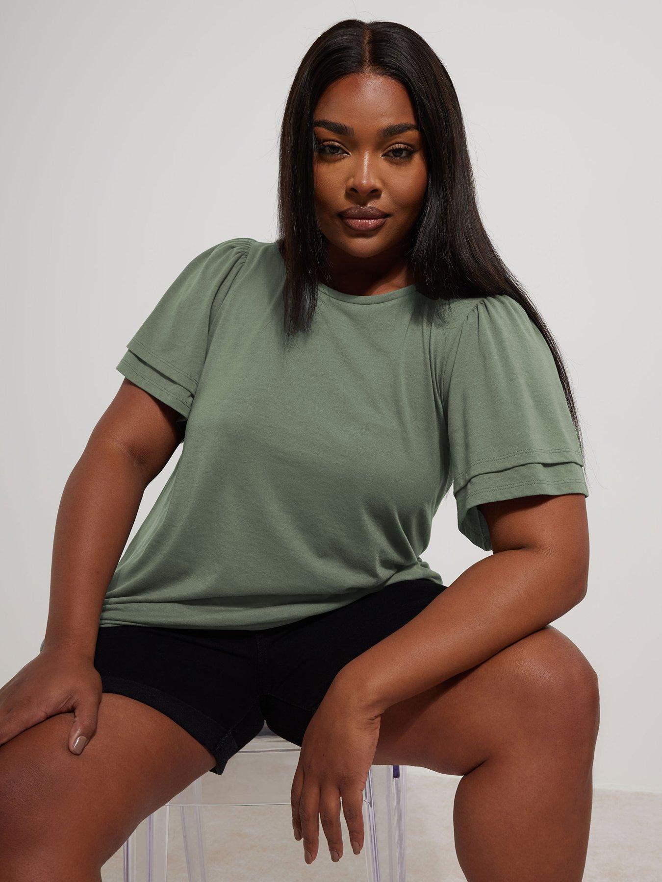 undefined Curve Double Frill Angel Sleeve Top - Grey