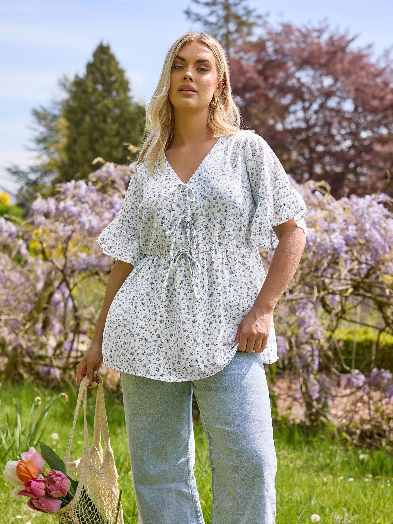 undefined Curve Tie Front Top Frill Blu Ditsy - Blue