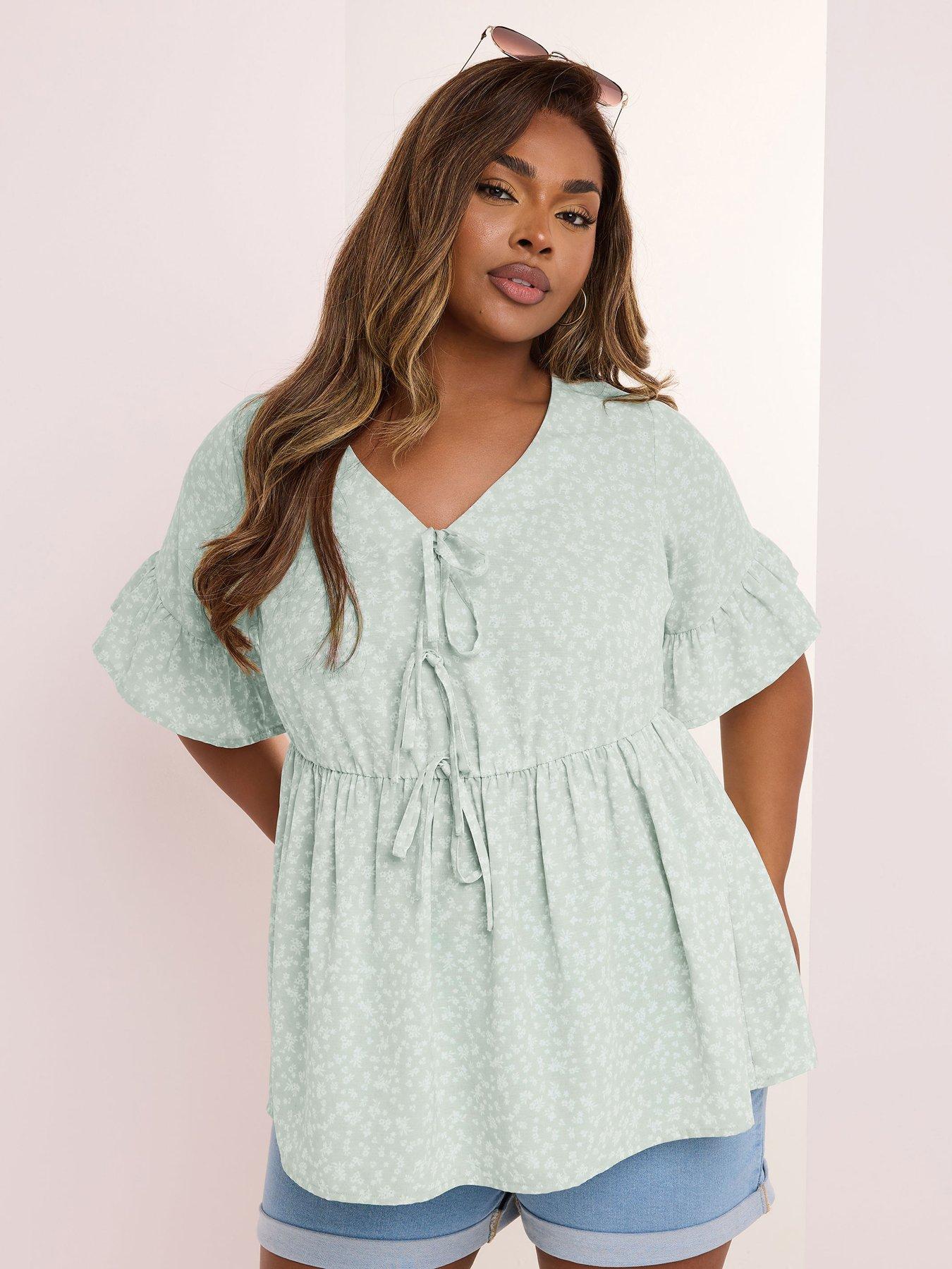 undefined Curve Tie Front Top Frill Sage Ditsy - Green