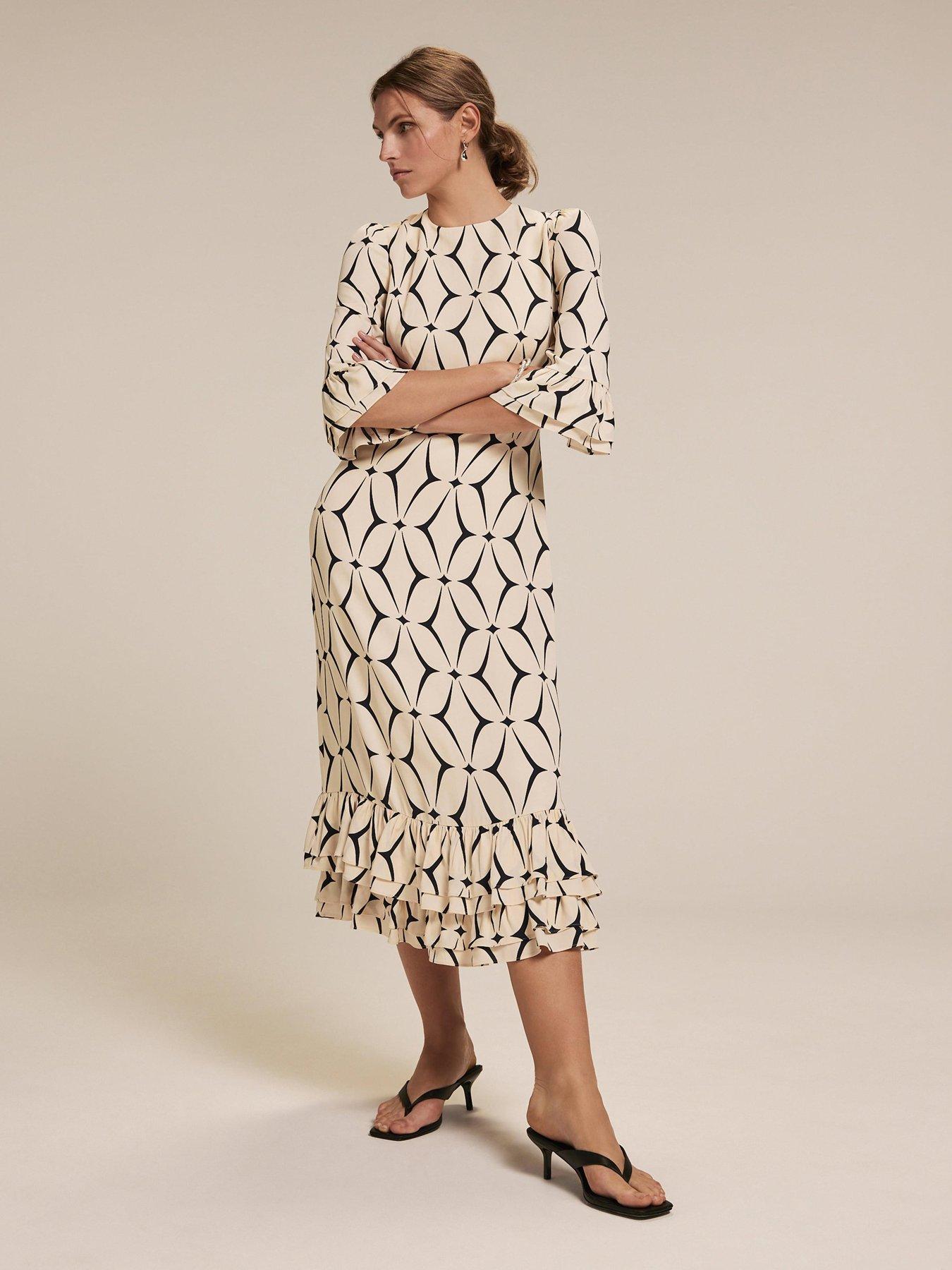 white christmas dresses Samuel Printed Ruffled Midi Dress – Maggy London main image 0