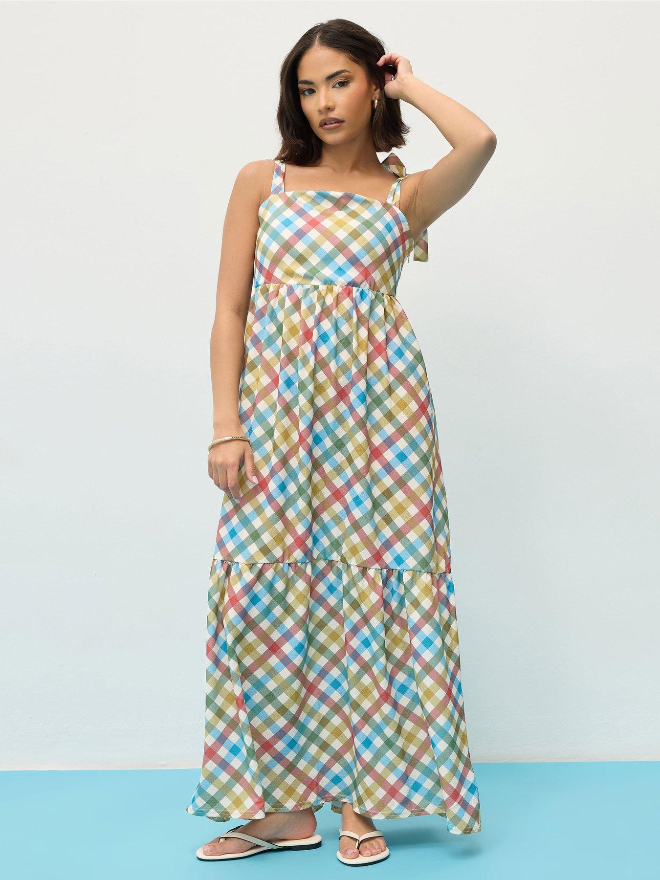 undefined Petite Gingham Shoulder Tie Maxi Dress - Red