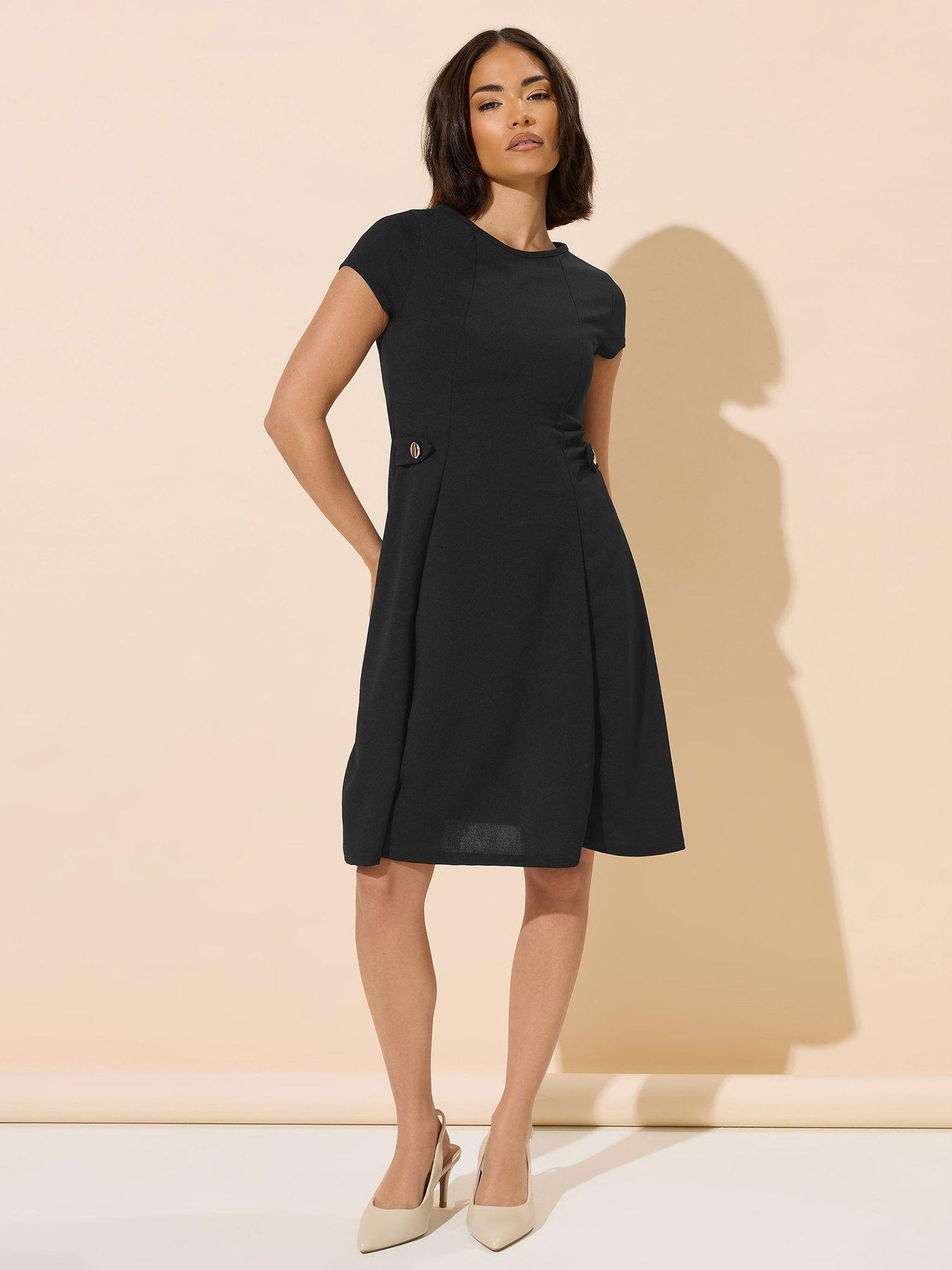 undefined Petite Waist Button Skater Mini Dress - Black