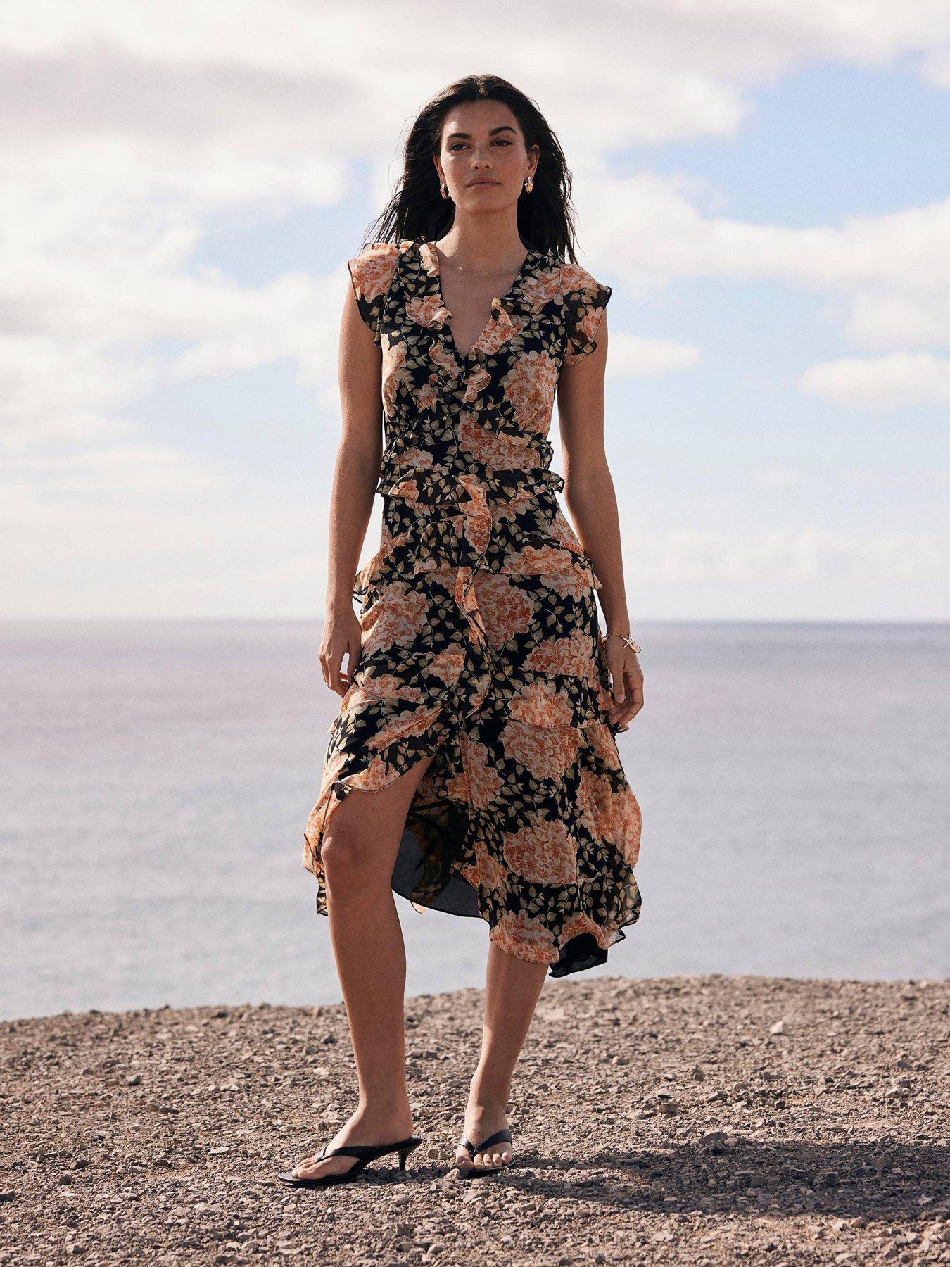 undefined Orange Floral Print Midi Dress