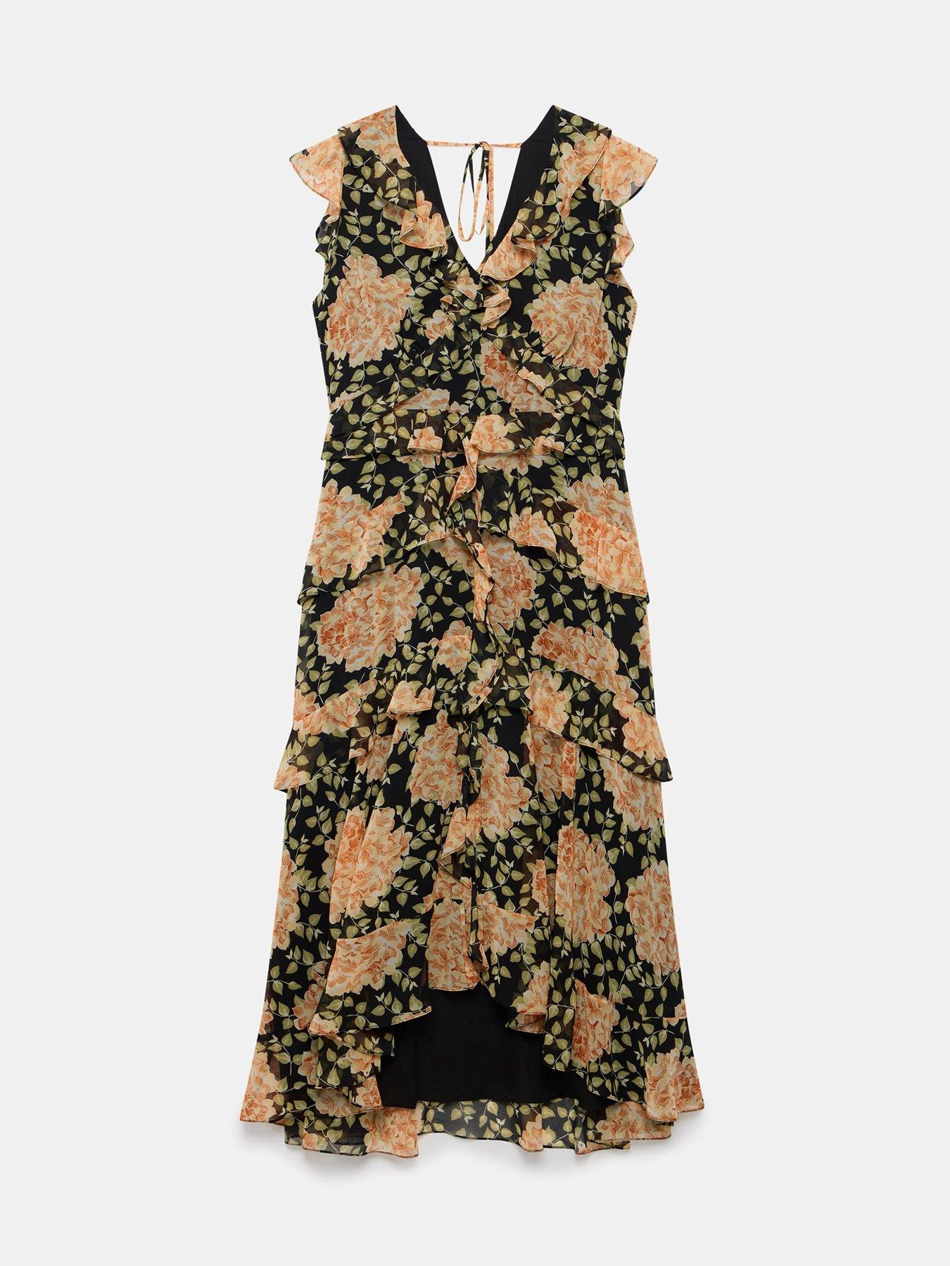 (4p. pack) Orange Floral V-Neck Printed Midi Dress - T-80 main image 1