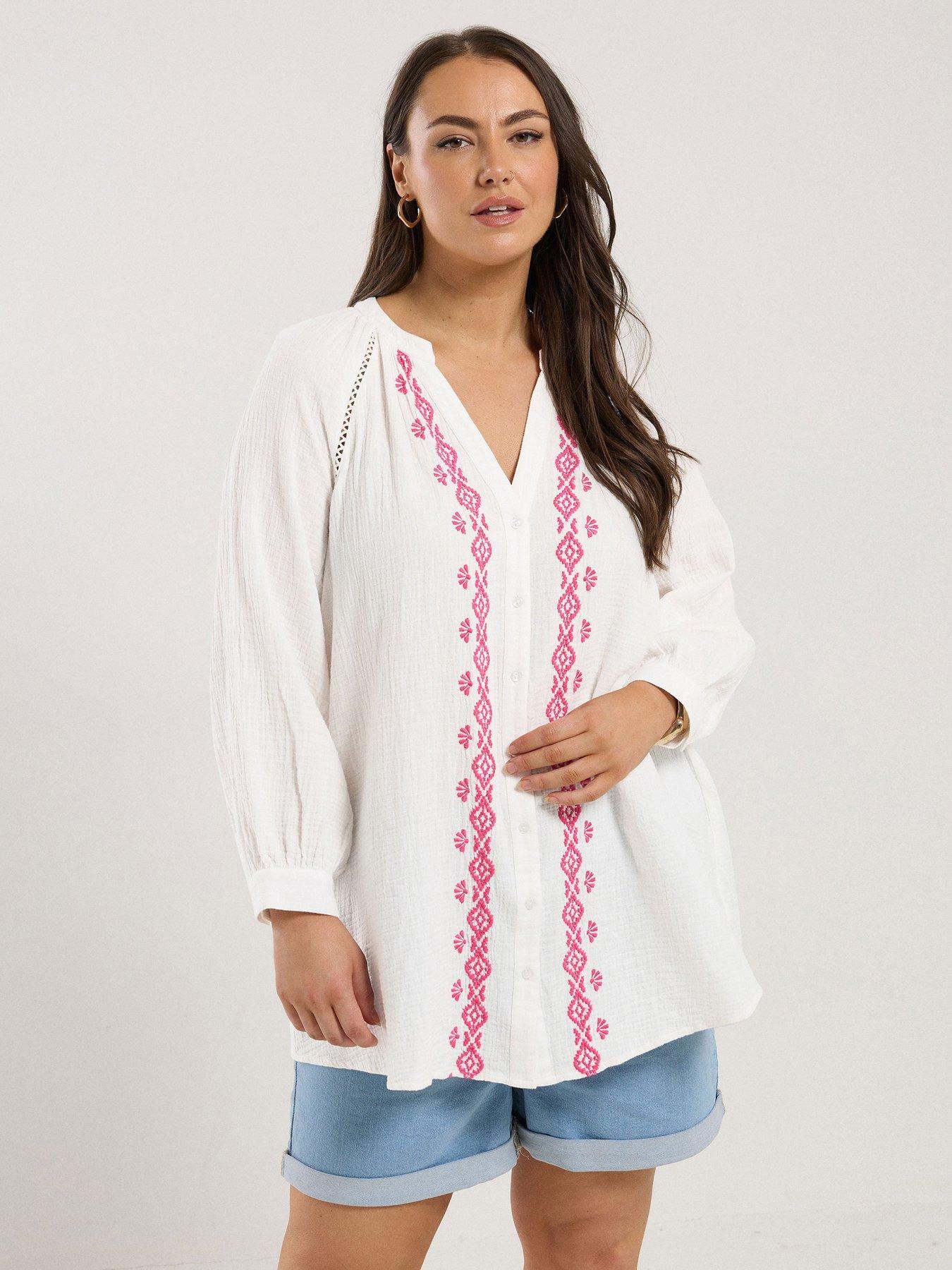 undefined Curve Cheesecloth Embroidered Top - White