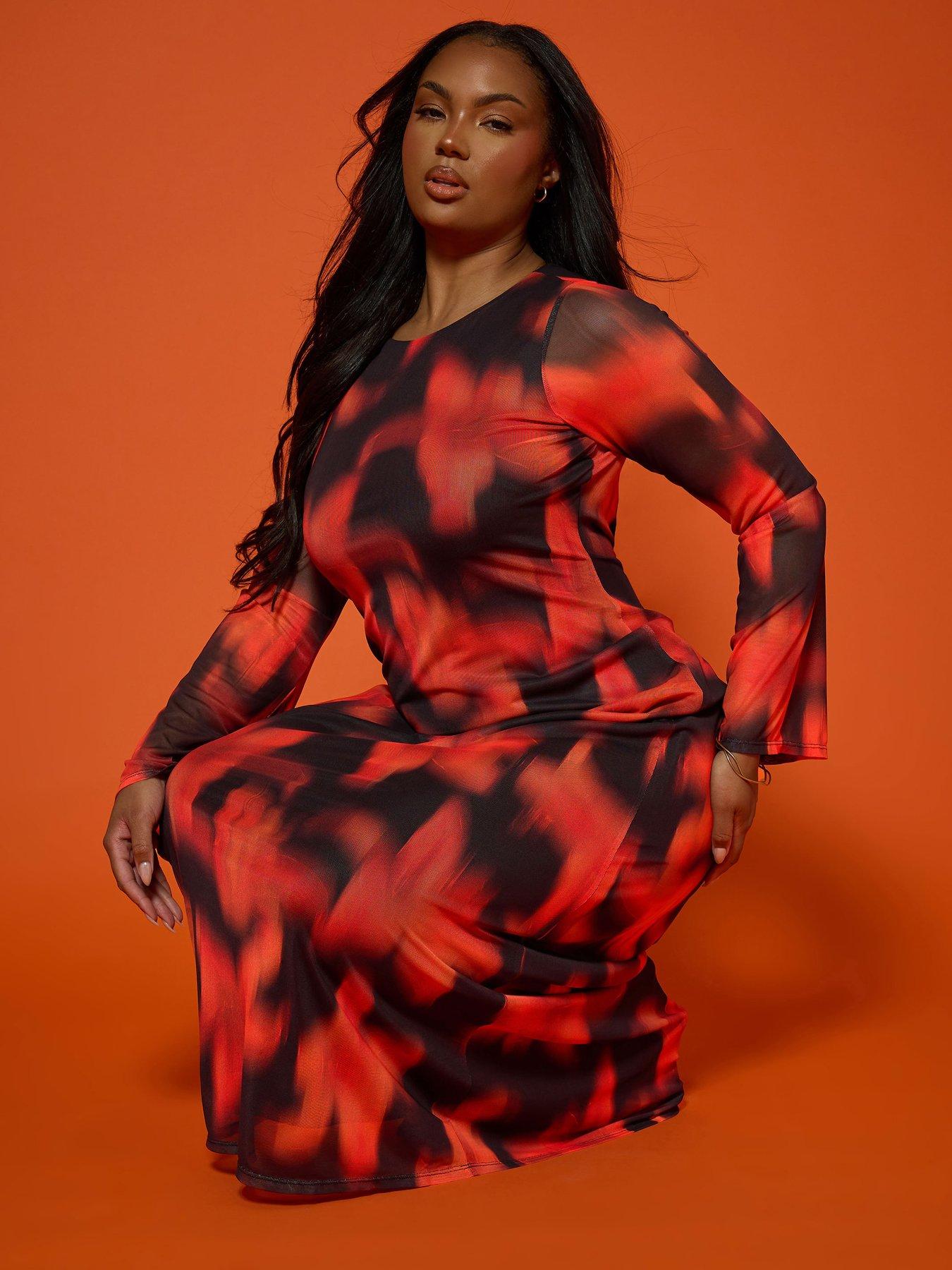 undefined Curve Floral Long Sleeve Mesh Dress - Red