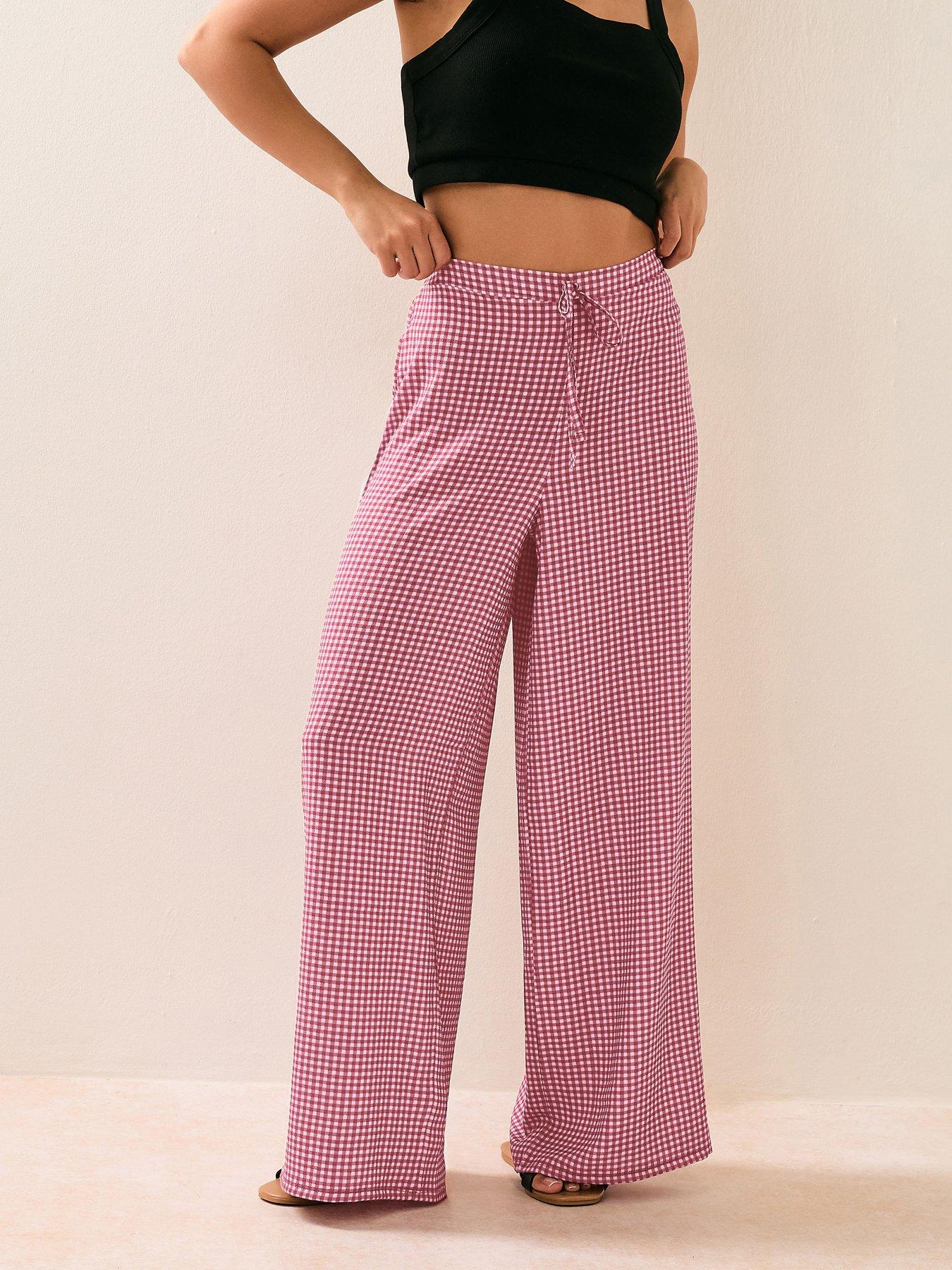 undefined Petite Gingham Check Wide Leg Trouser - Brown