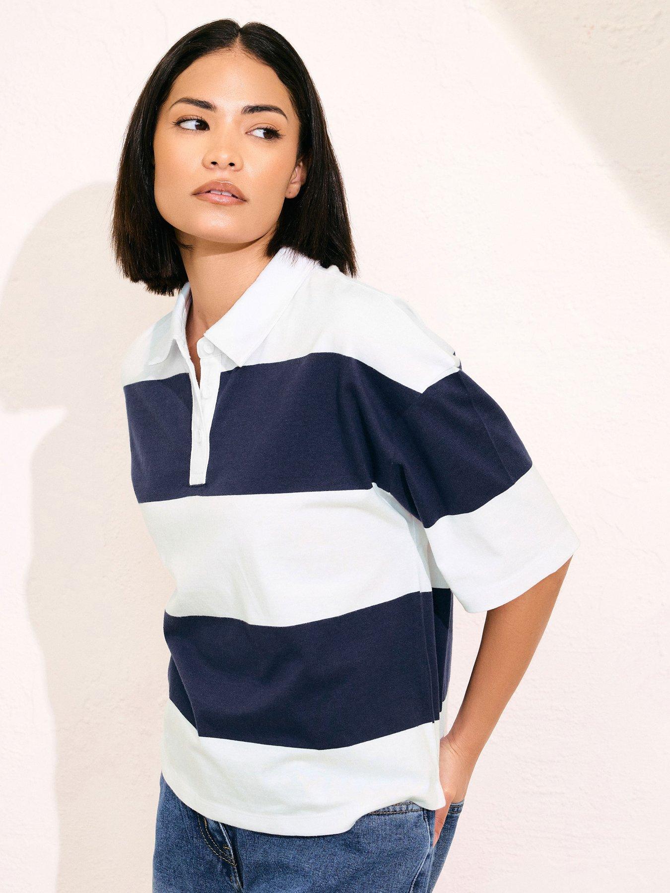 undefined Petite Short Sleeve Stripe Rugby Shirt - Blue