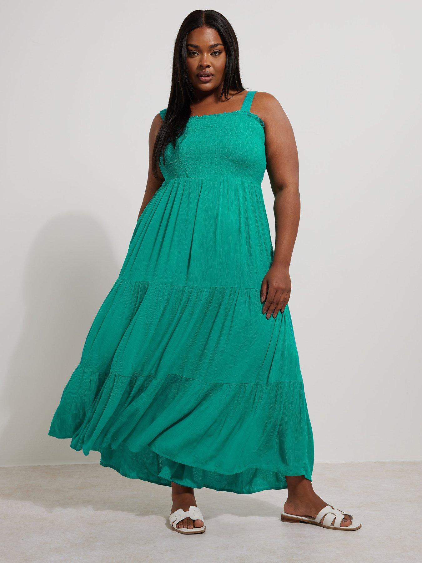 undefined Curve Shirred Strappy Maxi Dress - Green