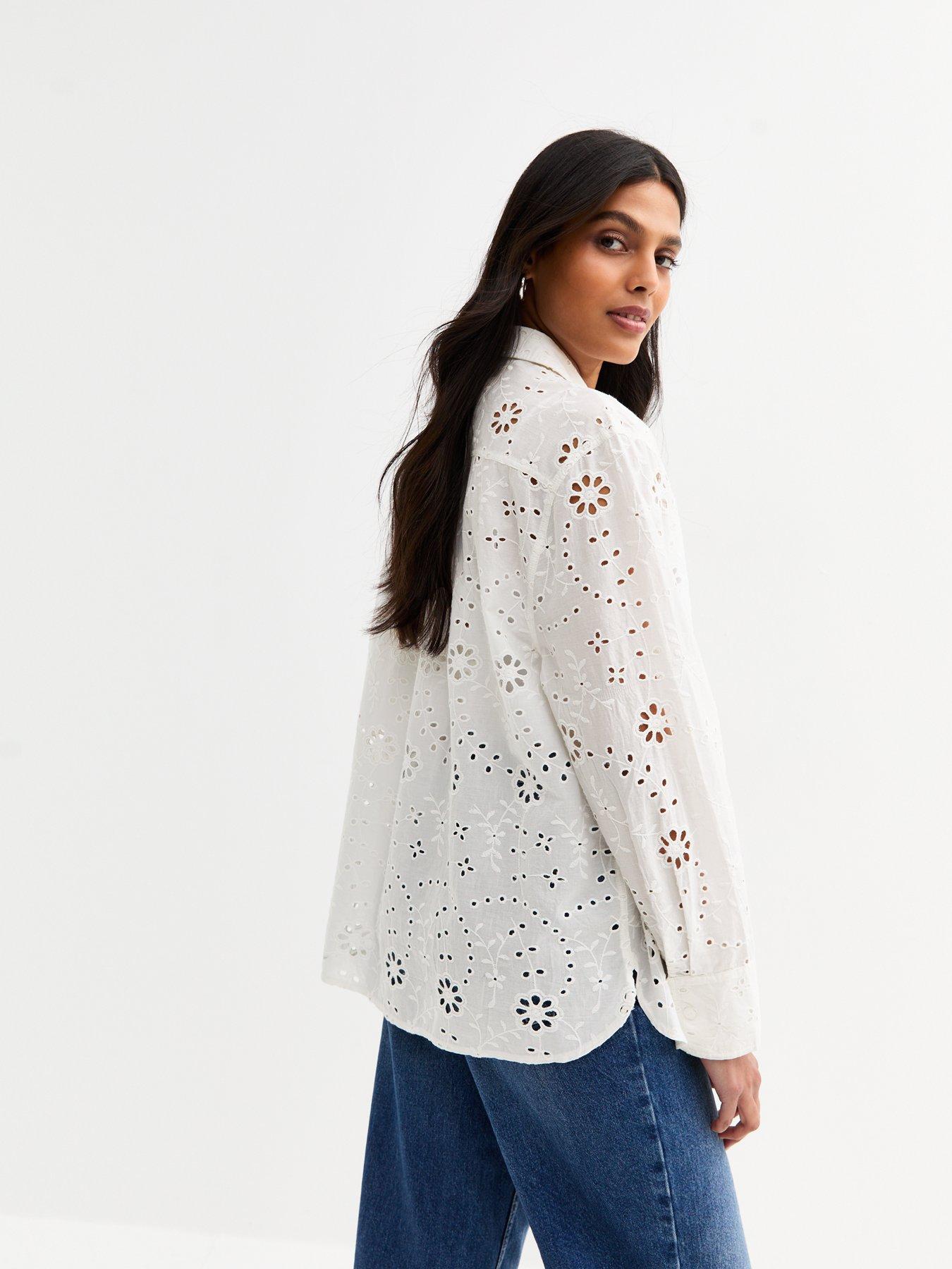 Image 2 of 4 of New Look Daisy Broderie Long Sleeve Shirt - White
