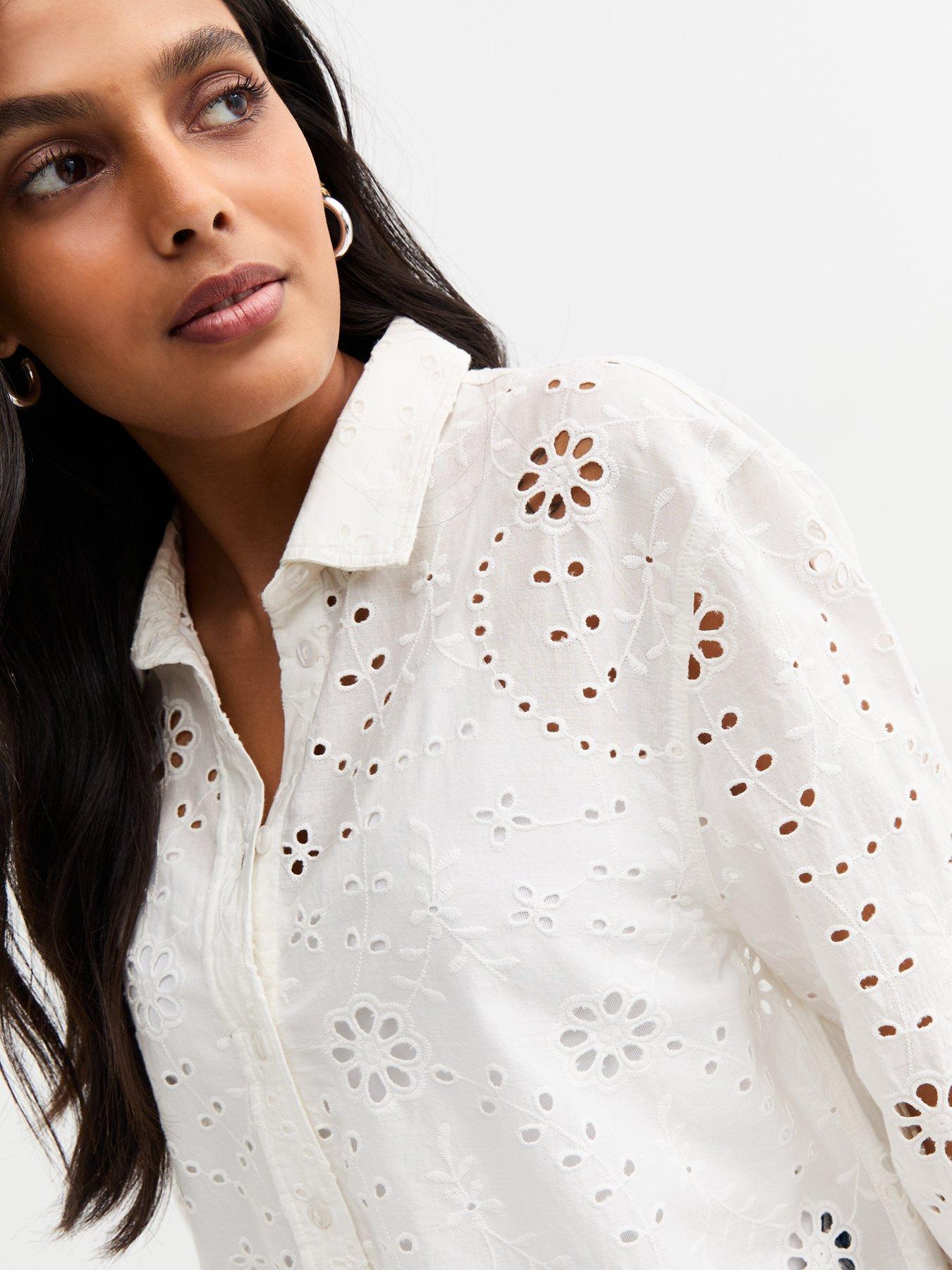 Image 4 of 4 of New Look Daisy Broderie Long Sleeve Shirt - White