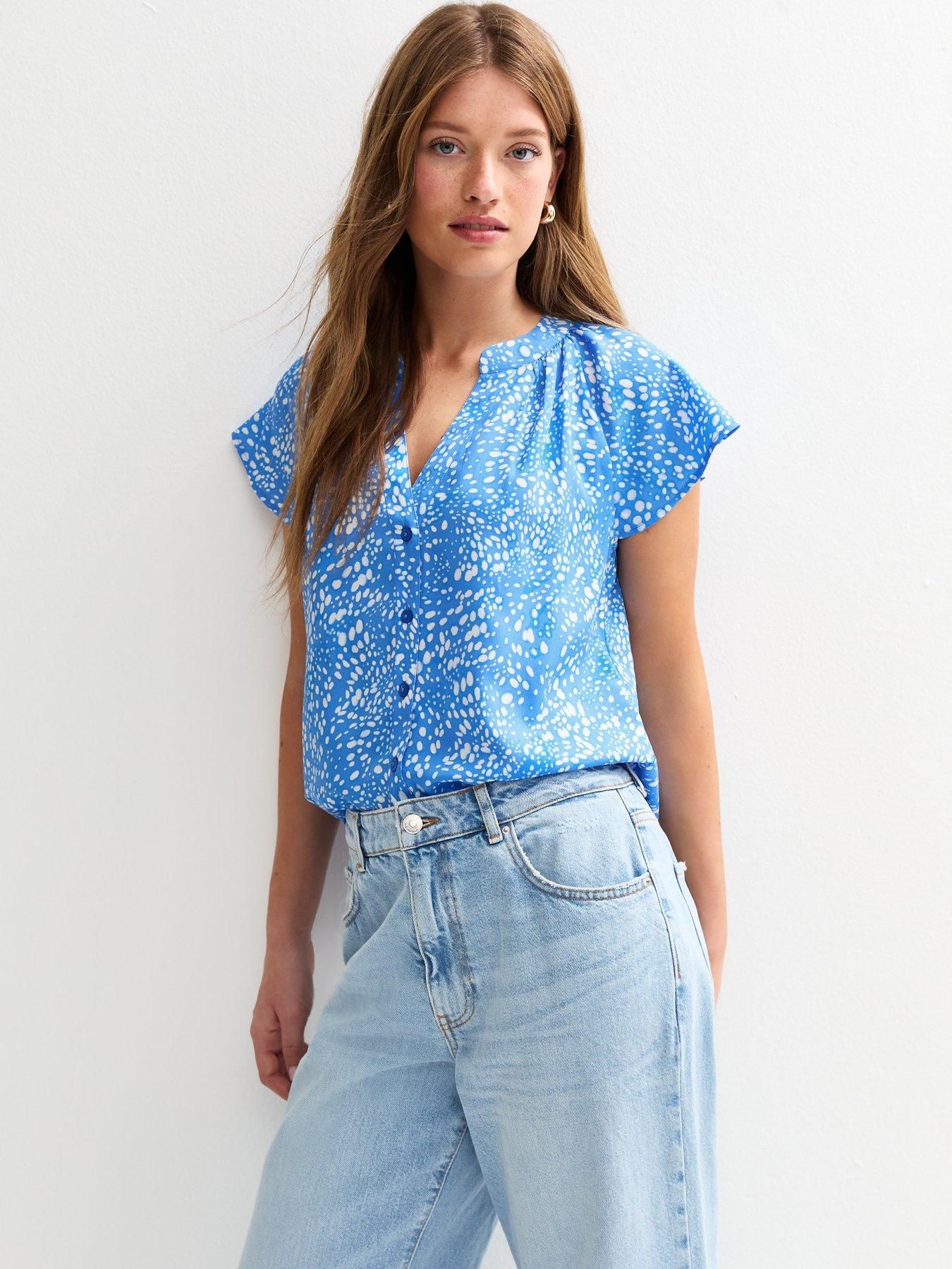 undefined Crepe Flutter Sleeve Printed Shirt - Blue