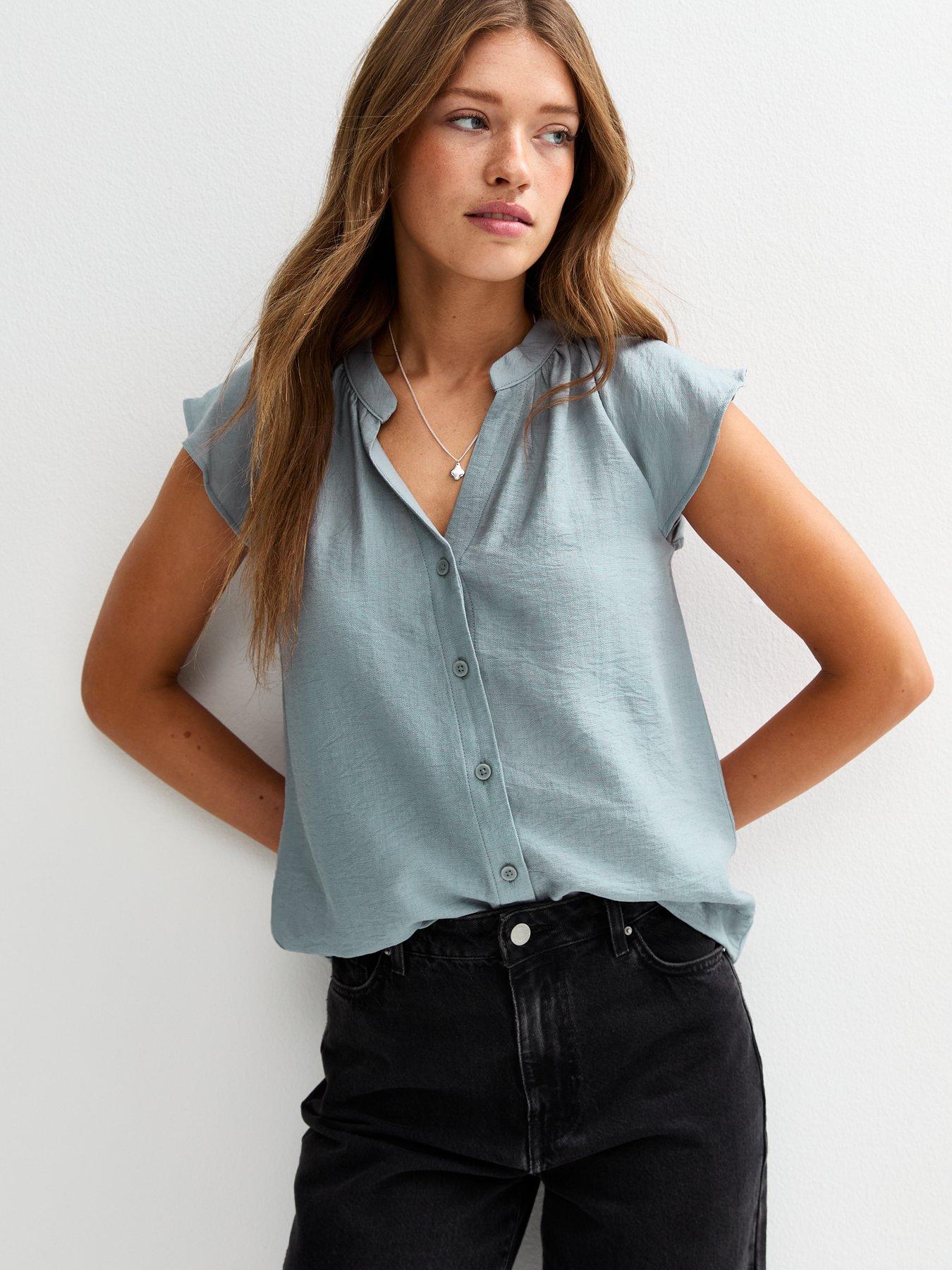 undefined Flutter Sleeve Button Up Top - Blue